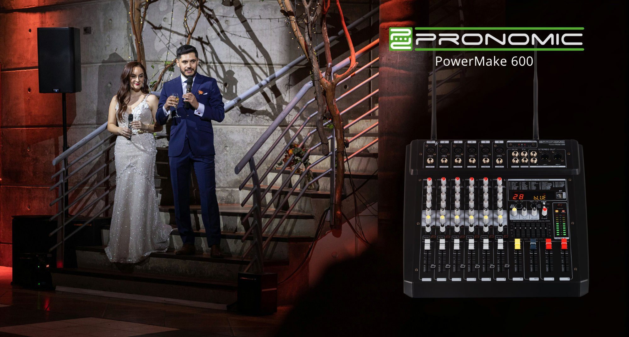 Pronomic Mischpult 6-Kanal-Powermischer 760 Watt RMS-Leistung, (inkl. 2 Funkmikrofone mit integriertem UHF-Empfänger), Bluetooth®/USB-Player/Recorder - Grafischer Equalizer