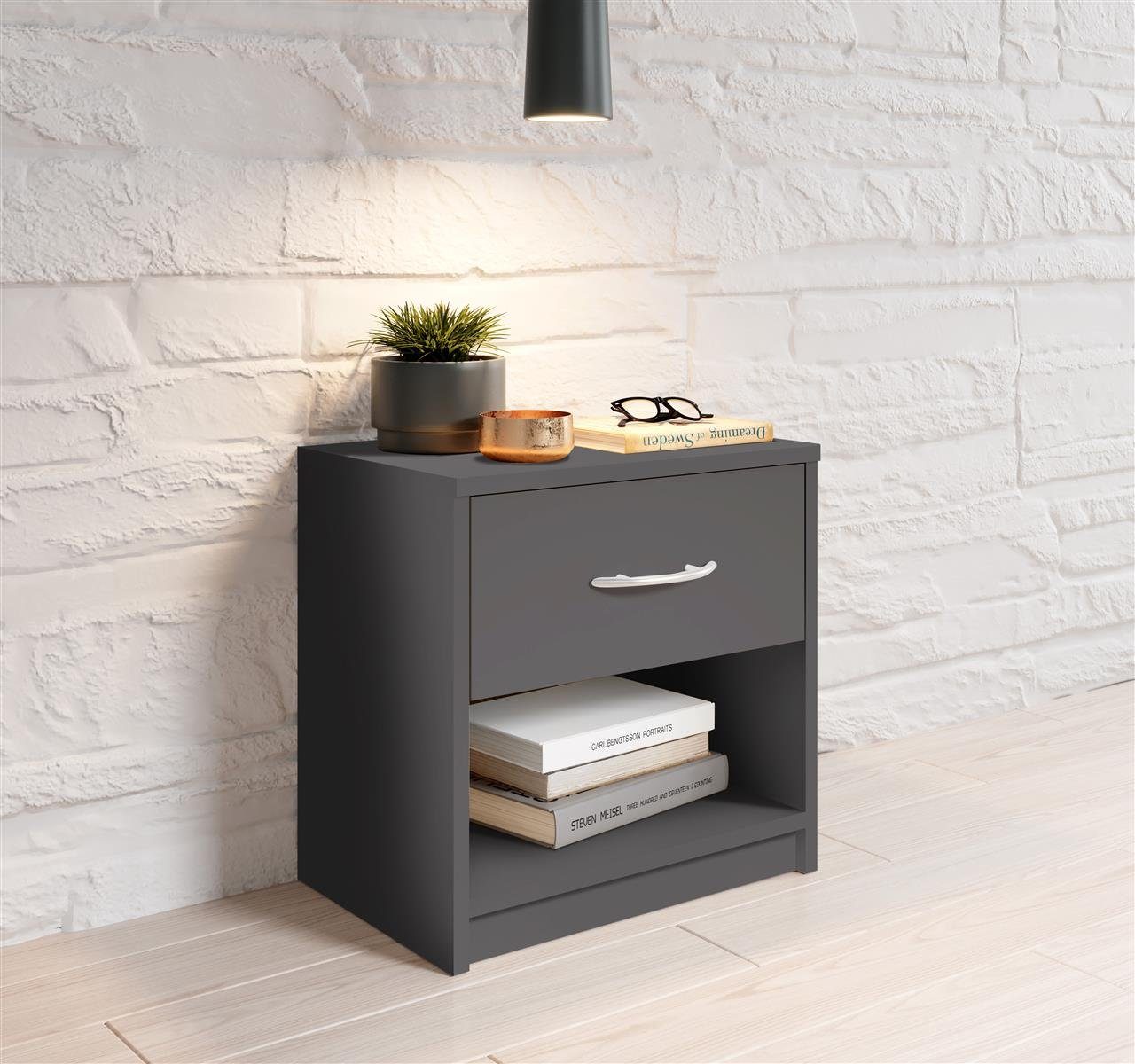 möbelando Nachtkommode Bettine, Nachttisch Graphit - Schlichter Nachtschrank mit einer Schublade passend zu jedem Bett & Schlafzimmer - 39 x 41 x 28 cm (B/H/T)