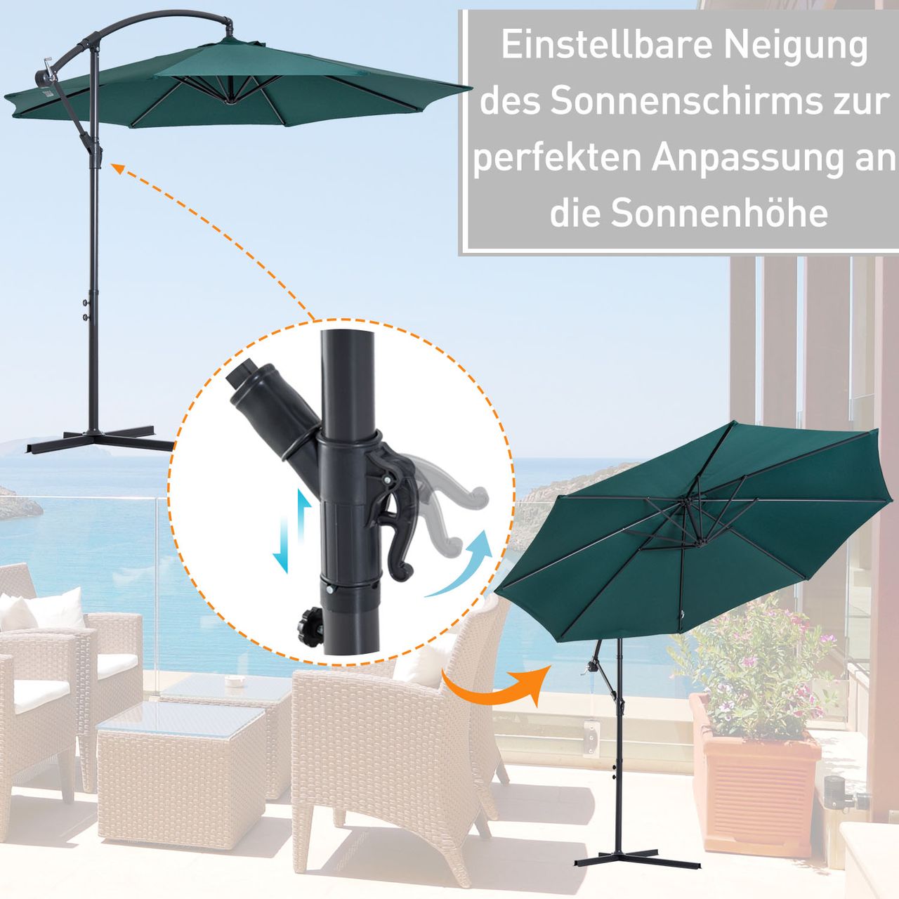 Outsunny Sonnenschirm Ampelschirm Kurbelschirm mit Handkurbel Rund, Stahlbogenstäbe und Stahl-Stehstäbe, Polyestergewebe, Grün, Ø3 x 2,5H m