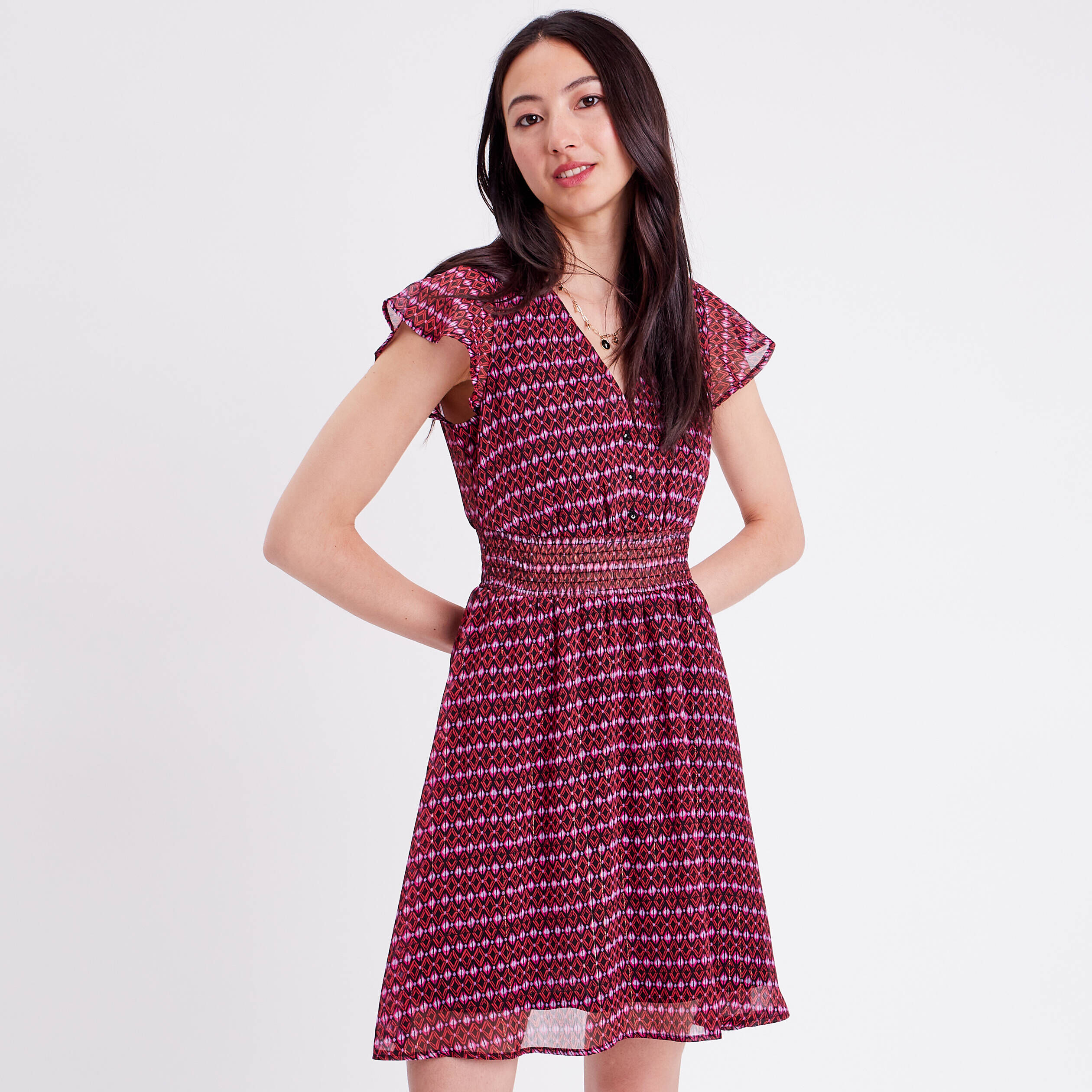 Robe évasée manches courtes rouge femme | Cache Cache