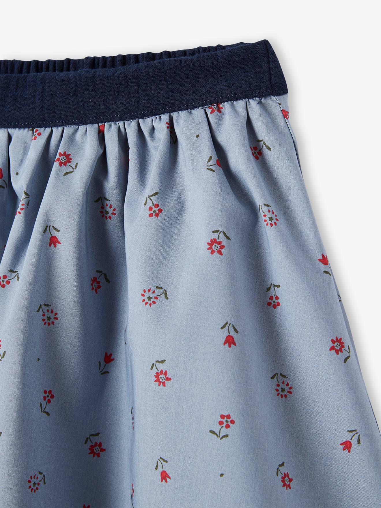 Jupe réversible fille en gaze de coton et imprimé fleurs bleu