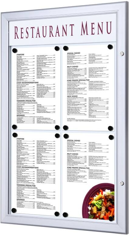 SHOWDOWN Menütafel Magnetisch A4 Wandmontage mit Schrauben Abschließbar 50,5 B x 77,9 H cm Silber