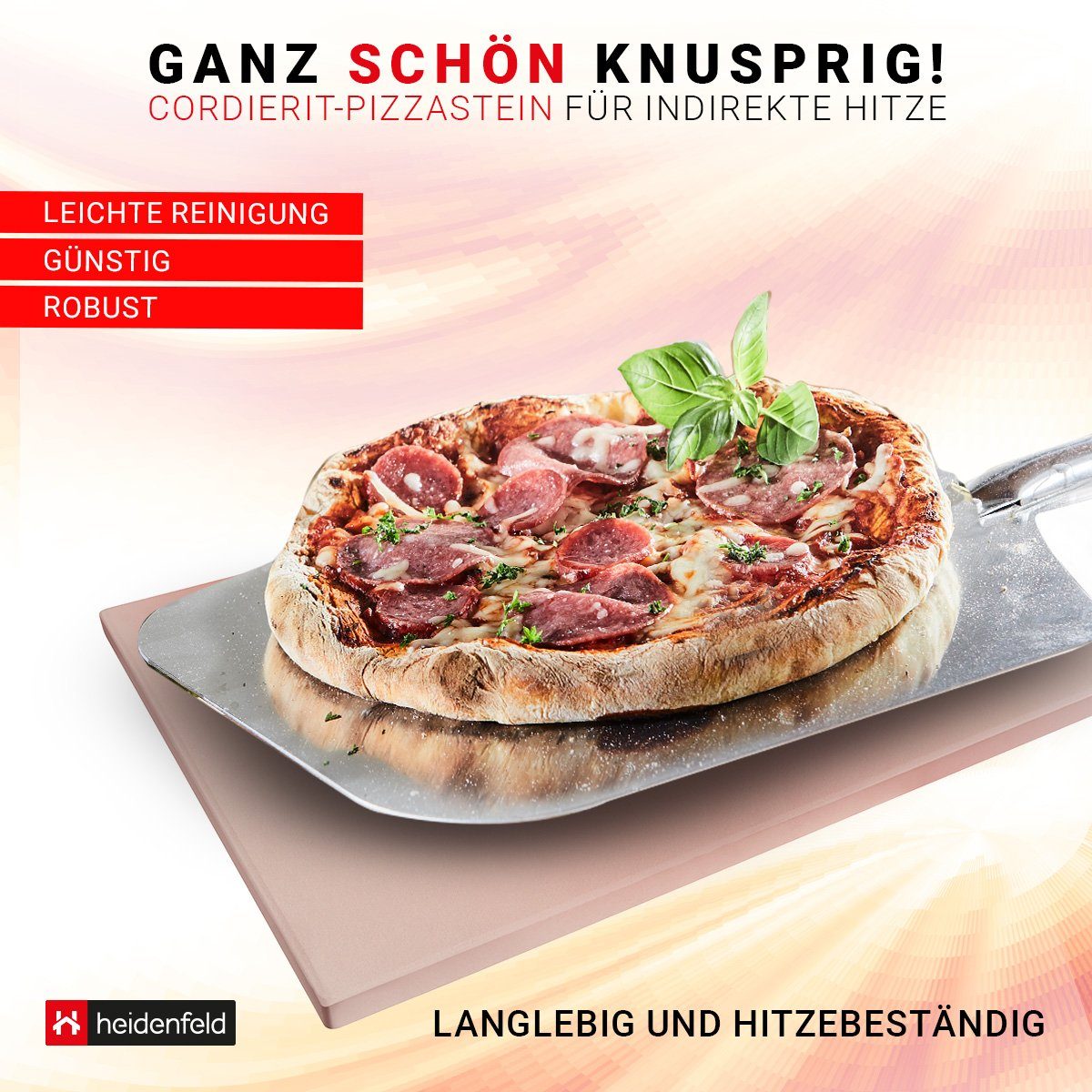 Heidenfeld Pizzastein für Backofen 38 x 30 x 1,5 cm - Deutsche Qualitätsmarke, Cordierit, (rechteckig, 1-St., rechteckig Pizzastein für Grill), Cordierit - Gasgrill - Steinplatte