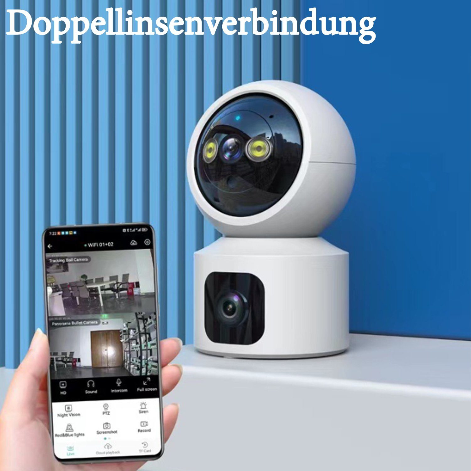Kpaloft 355°-WLAN Überwachungskamera (für den Innenbereich, FHD 1080P Dual-Kamera, 90° verstellbar, Nachtsicht, Bewegungserkennung, APP, Zwei-Wege-Audio, Ton- und Lichtwarnung, für Babys/Haustiere)