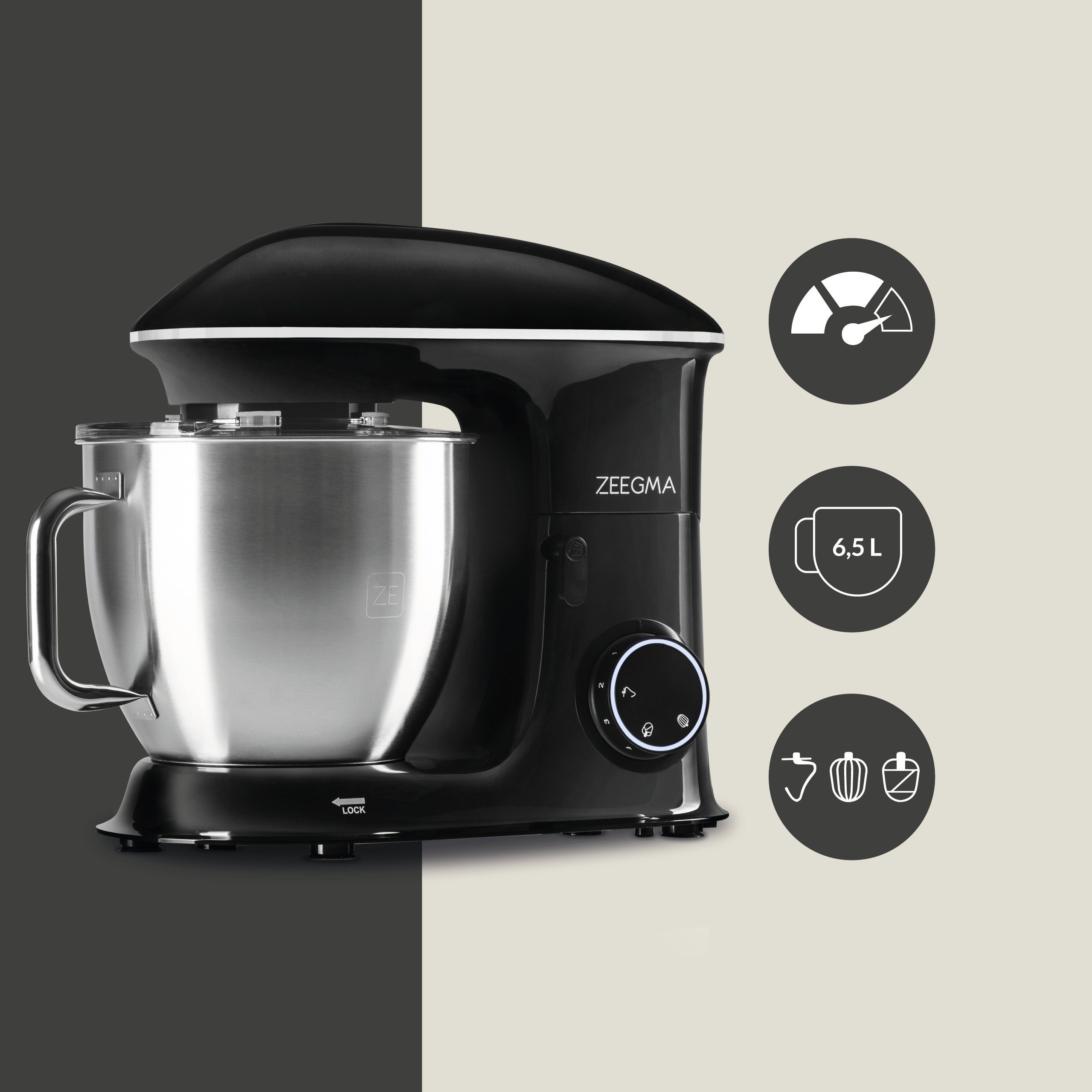 Zeegma Küchenmaschine PLANEET CHEF, 2200 W, 6,50 l Schüssel, 2200W Teflon LED XXXL 6,5 l Schüssel