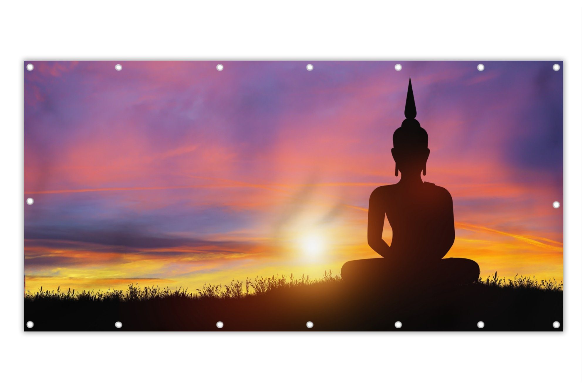 MuchoWow Balkonsichtschutz Sonnenuntergang - Horizont - Buddha-Statue - Buddha - Silhouette (1-St) Balkonbanner, Sichtschutz für den Balkon, Robustes und wetterfest