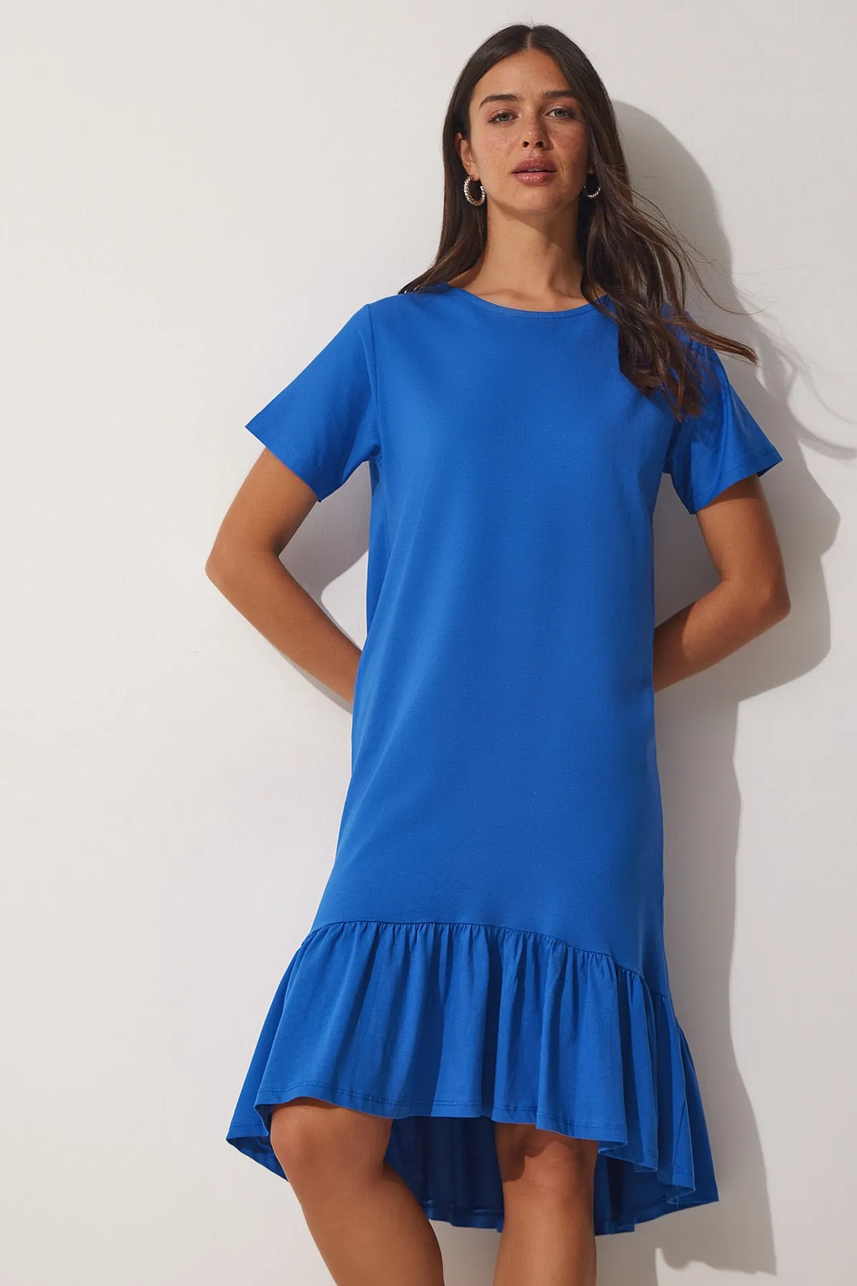 Happiness İstanbul  Blaues Volant-Sommer-Viskose-Strickkleid für Damen AP00186