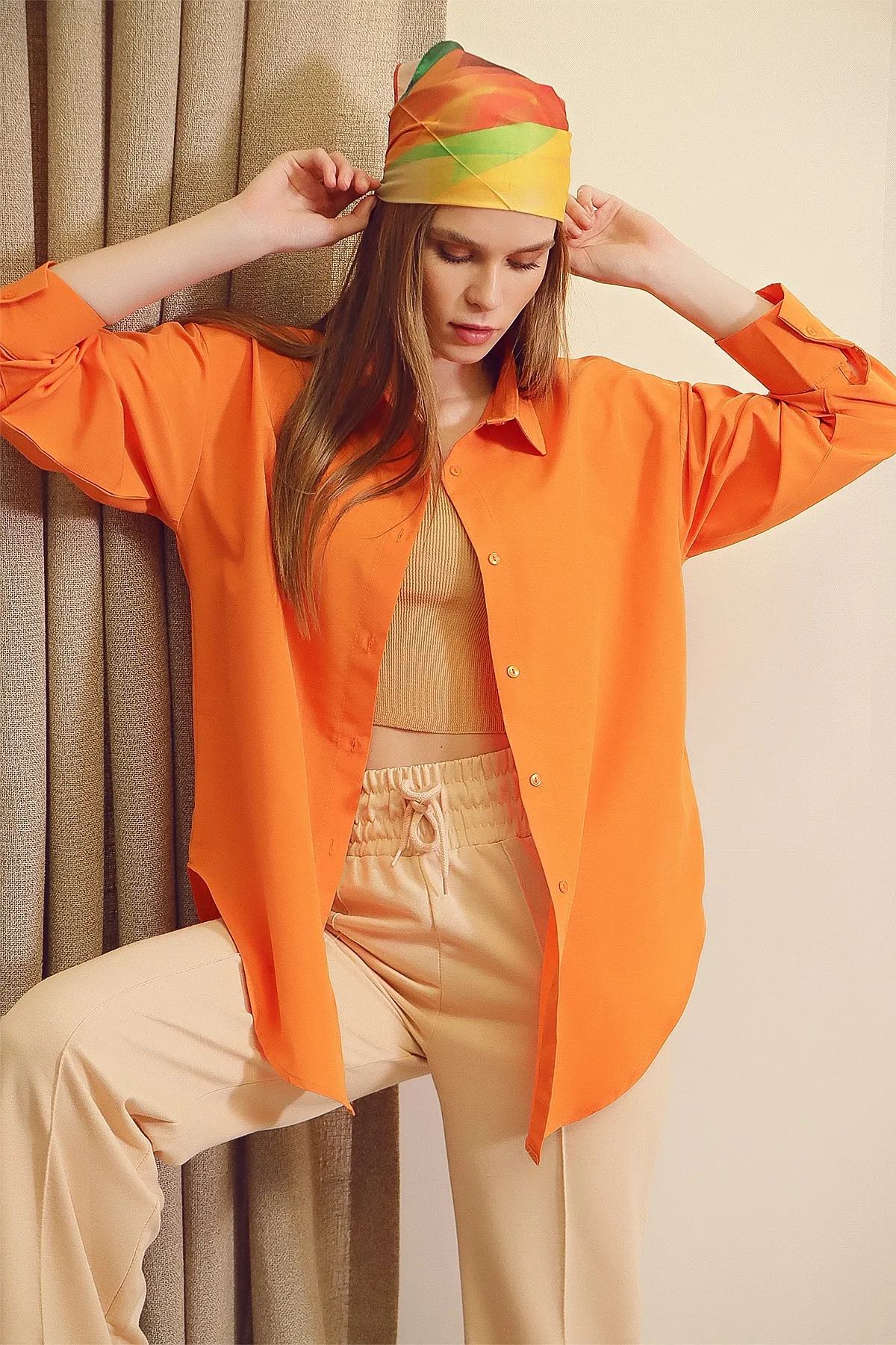 Trend Alaçatı Stili  Orangefarbenes, langes, gewebtes Oversize-Hemd für Damen ALC-X6828