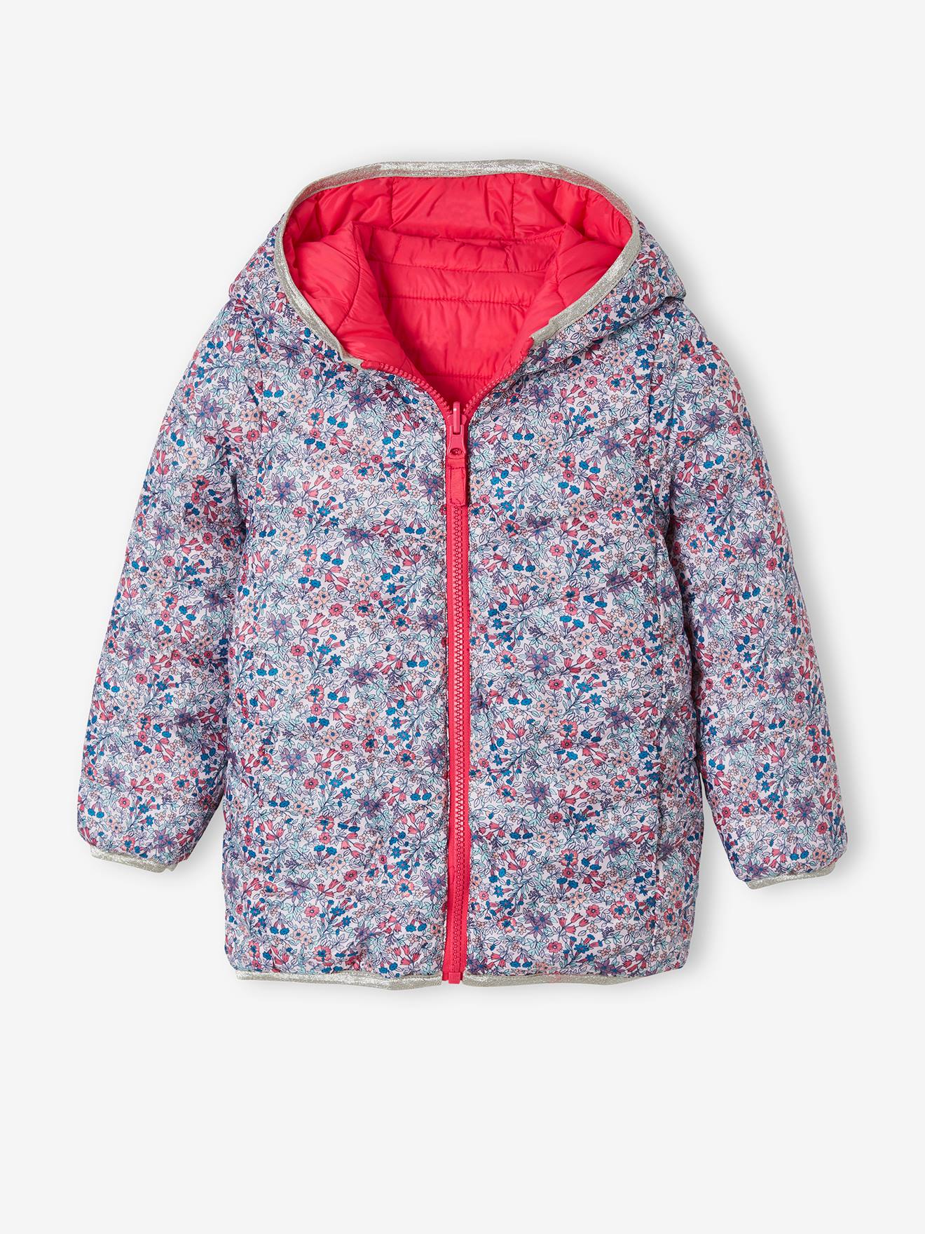Doudoune à capuche légère réversible fille anthracite imprimé