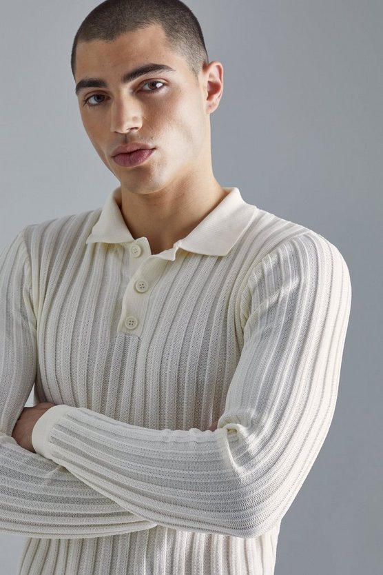 Langärmliges geripptes Muscle-Poloshirt