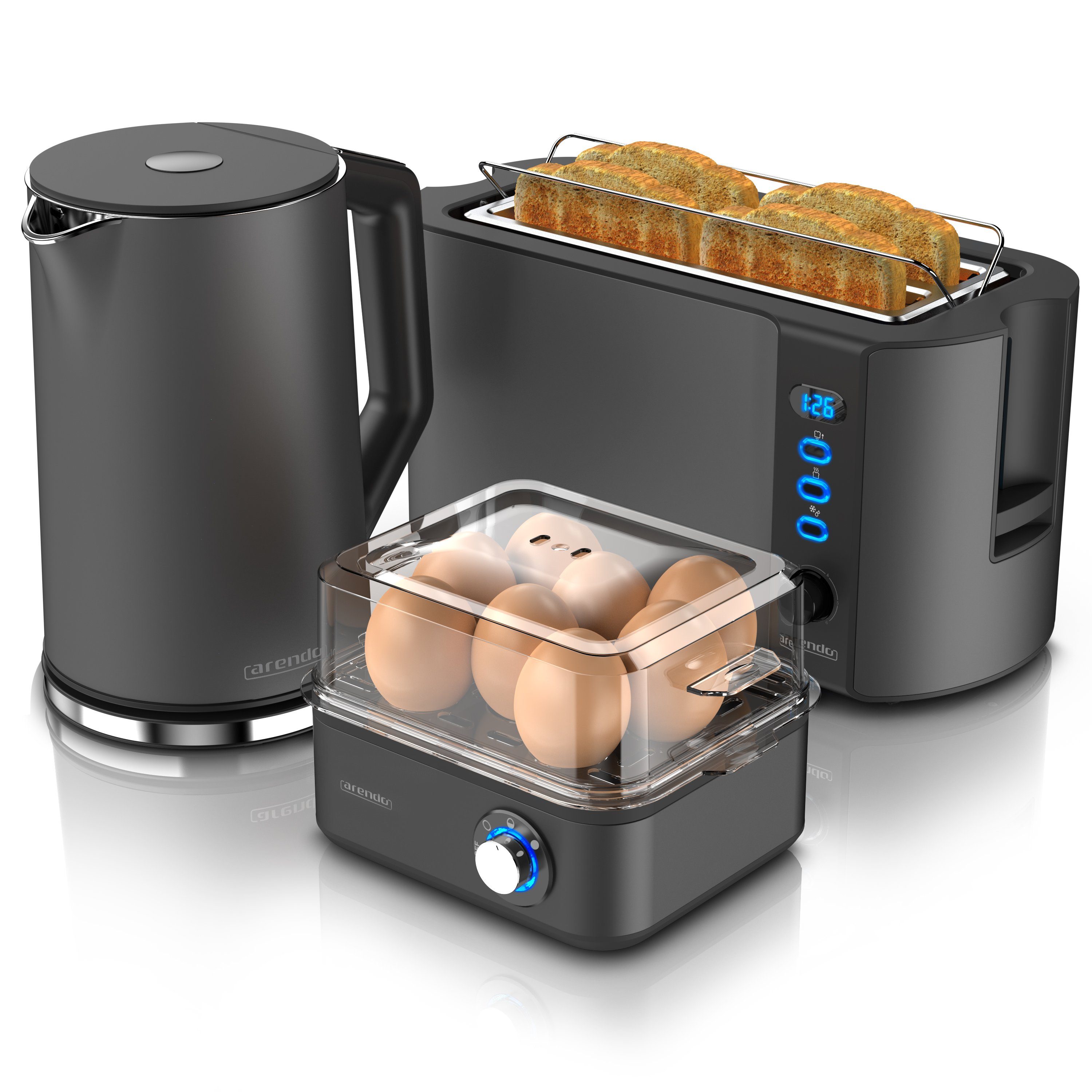 Arendo Frühstücks-Set (3-tlg), Wasserkocher 1,5l, 4-Scheiben Toaster, 8er Eierkocher, Grau