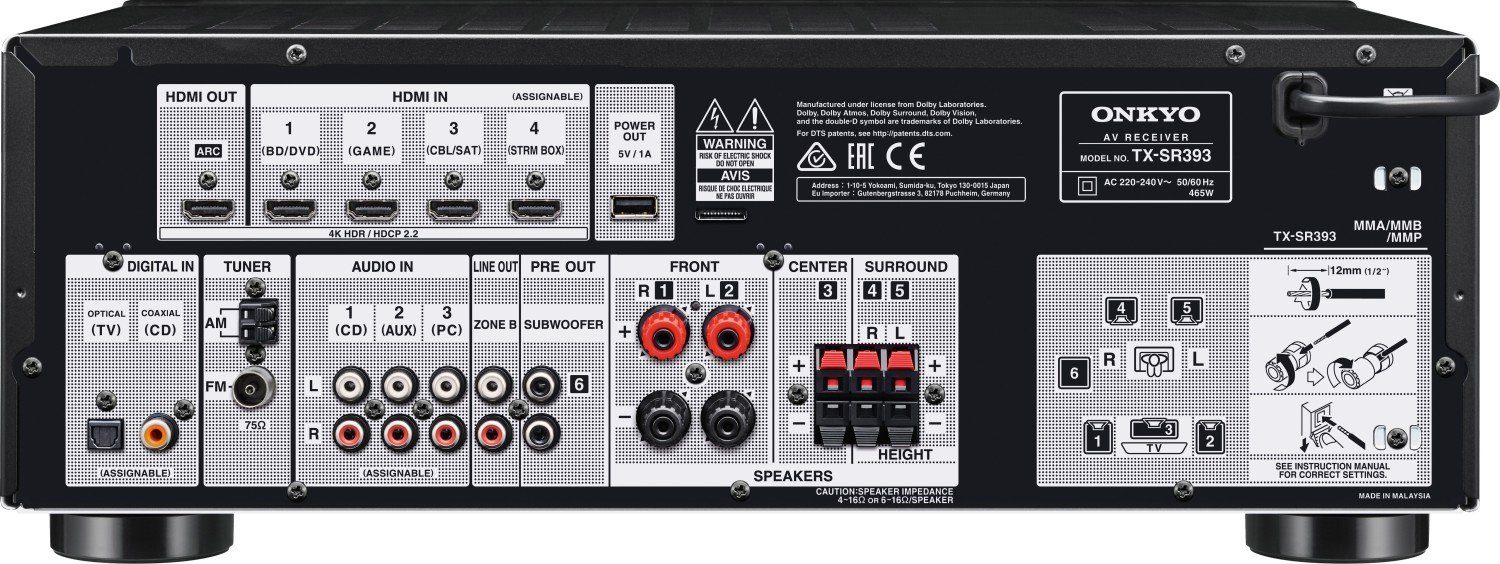 Onkyo TX-SR393-B 5.2 AV-Receiver (5.2 Channel, 4k/60p, HDR, Dolby Atmos®, DTS:X®, Bluetooth)