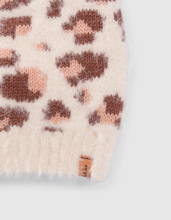 Bonnet écru tricot motif léopard-coeurs fille
