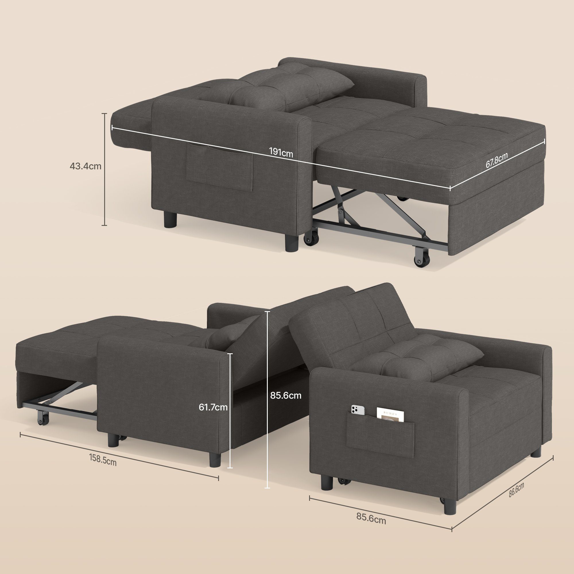 Bealife Relaxsessel, Schlafsessel mit Verstellbarer Rückenlehne, Klappbares Schlafsofa