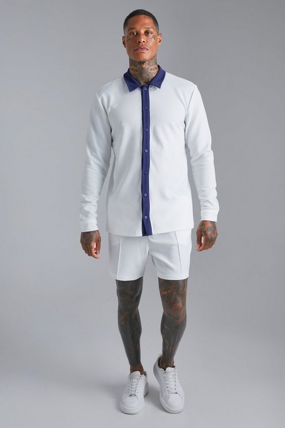 Langärmliges strukturiertes Jersey-Hemd und Shorts
