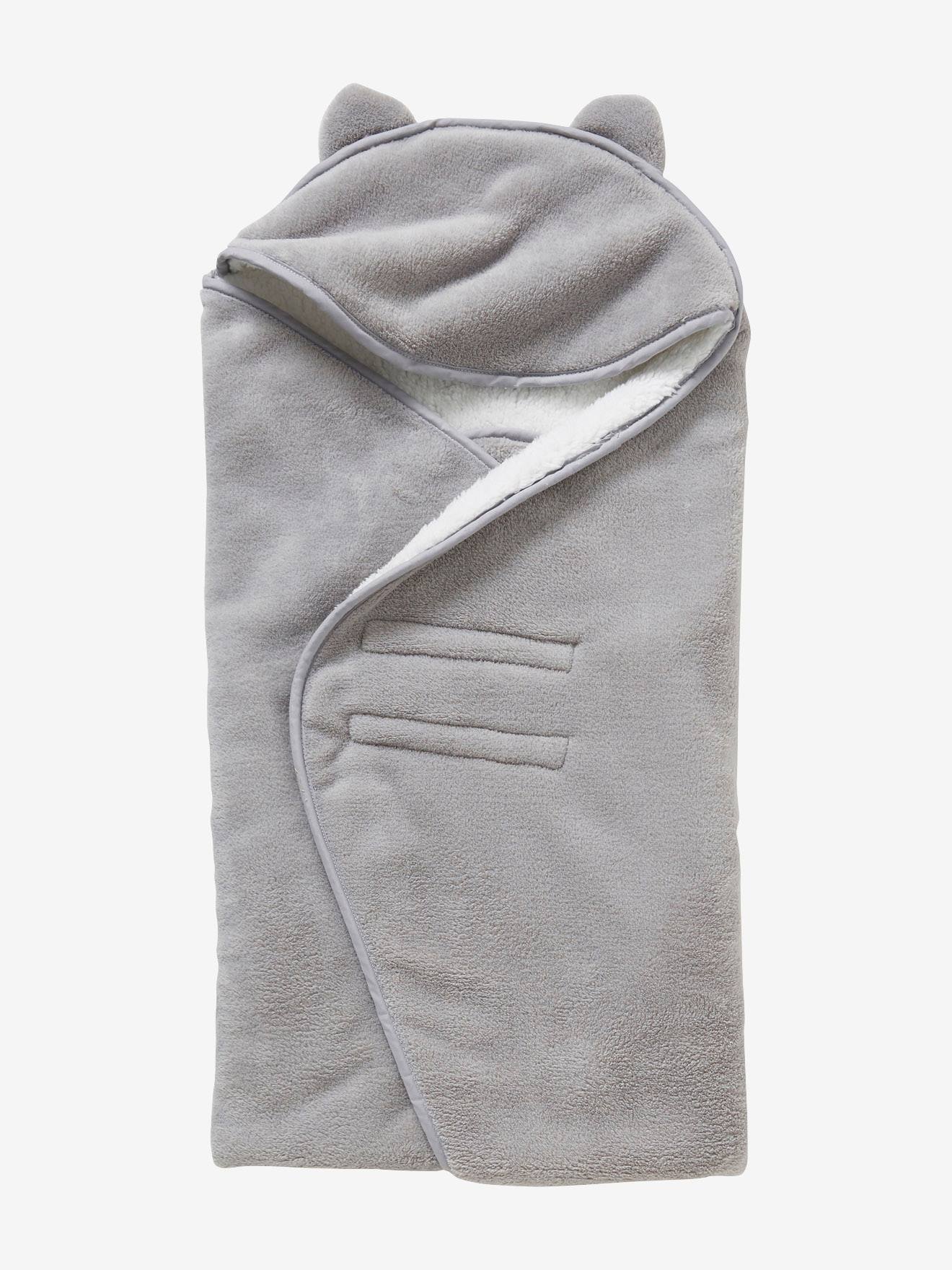 Plaid bébé à capuche en microfibre, doublé polaire gris