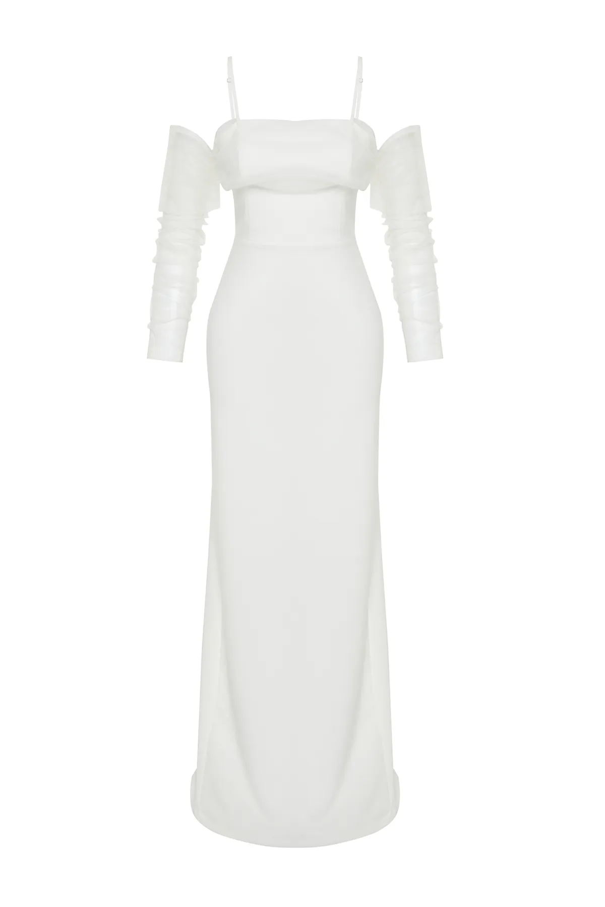 Trendyol Collection  Weißes, körperbetontes, gewebtes, gefüttertes Hochzeits-/Nikah-Brautabendkleid in Weiß TPRSS24AE00016