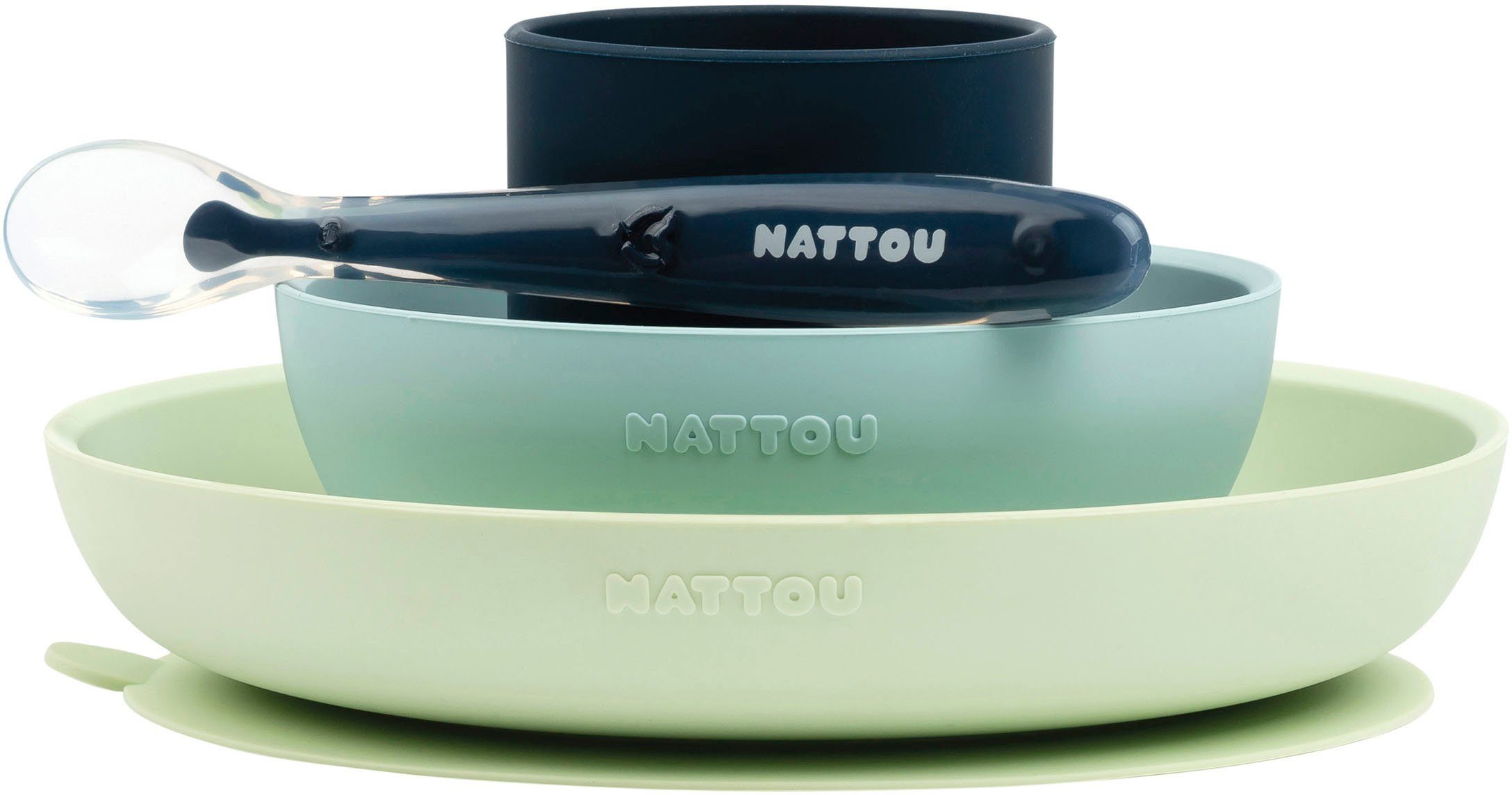 Nattou Kindergeschirr-Set Silikon Esslern-Set, grün/blau (4-tlg), Silikon