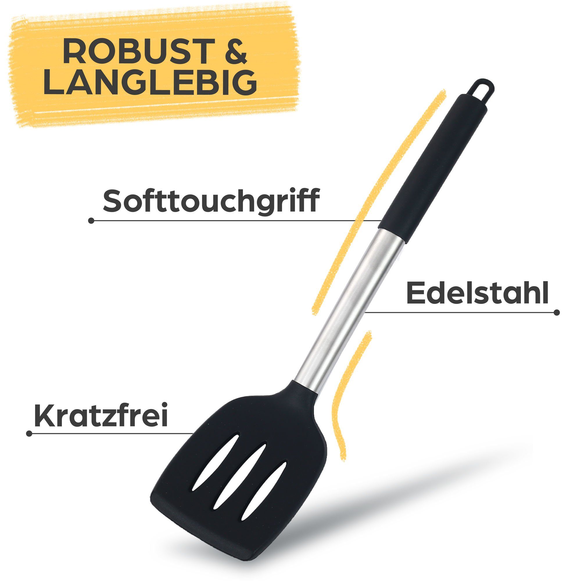 Praknu Kochbesteck-Set - 8 Silikon Küchenhelfer, Edelstahl Kochgeschirr Küchenutensilien (Set, 8-tlg), Küchen Accessoires Zubehör Haushalt Set & Halterung / Aufhängeschlaufe