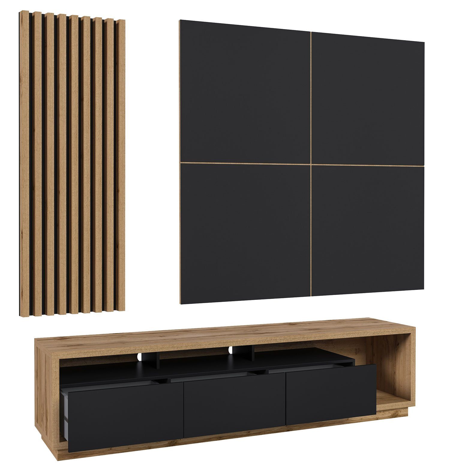 Helvetia Wohnwand Celine, 3-teiliges Wohnzimmer Set 200x45x196cm wotan eiche / schwarz matt