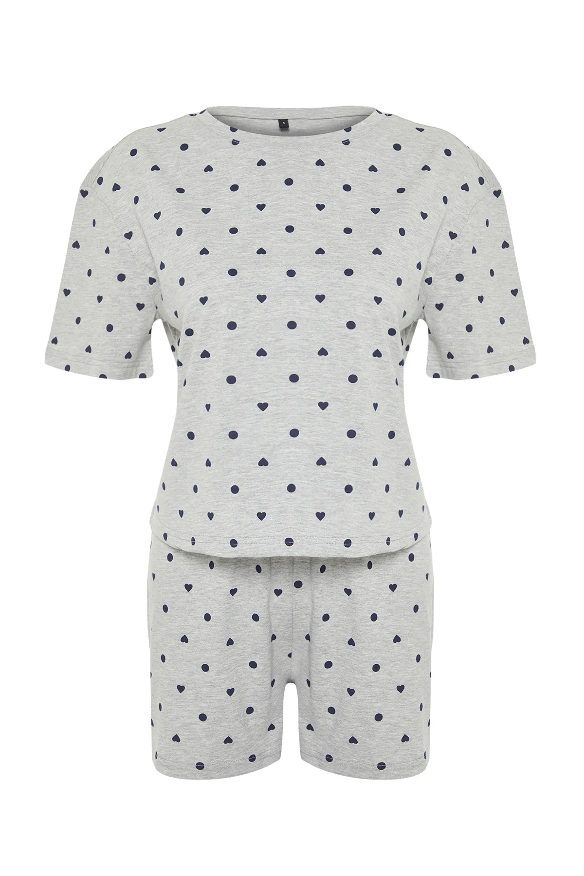 Trendyol Collection  Grau meliert, 100 % Baumwolle, T-Shirt-Shorts-Pyjama-Set mit Herzmuster, THMSS21PT1485