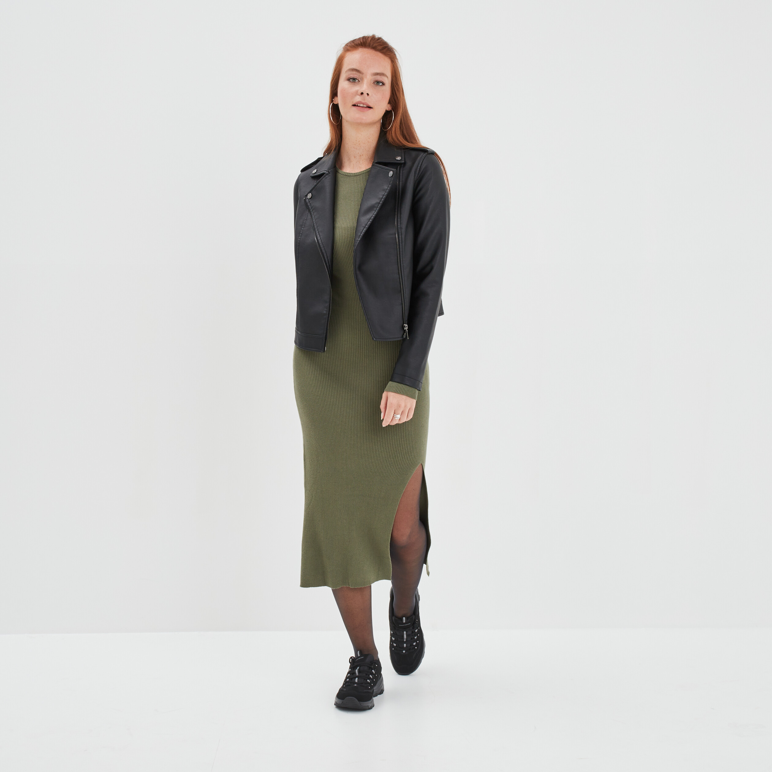 Robe pull longue moulante fendue vert kaki femme | La Halle