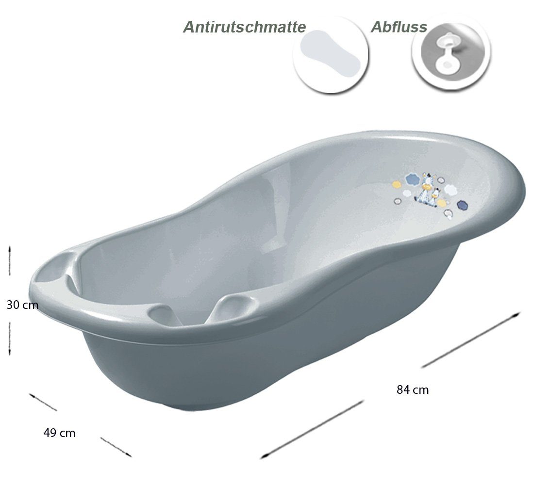Maltex Babybadewanne 6 Teile SET + Ständer Grau - Zebra Grau - - Badeset Baby Wanne 84 cm, (Premium.set 6 tlg + Ständer), = WANNE + SITZ + TÖPFCHEN + WC AUFSATZ + EIMER + HOCKER + STÄNDER