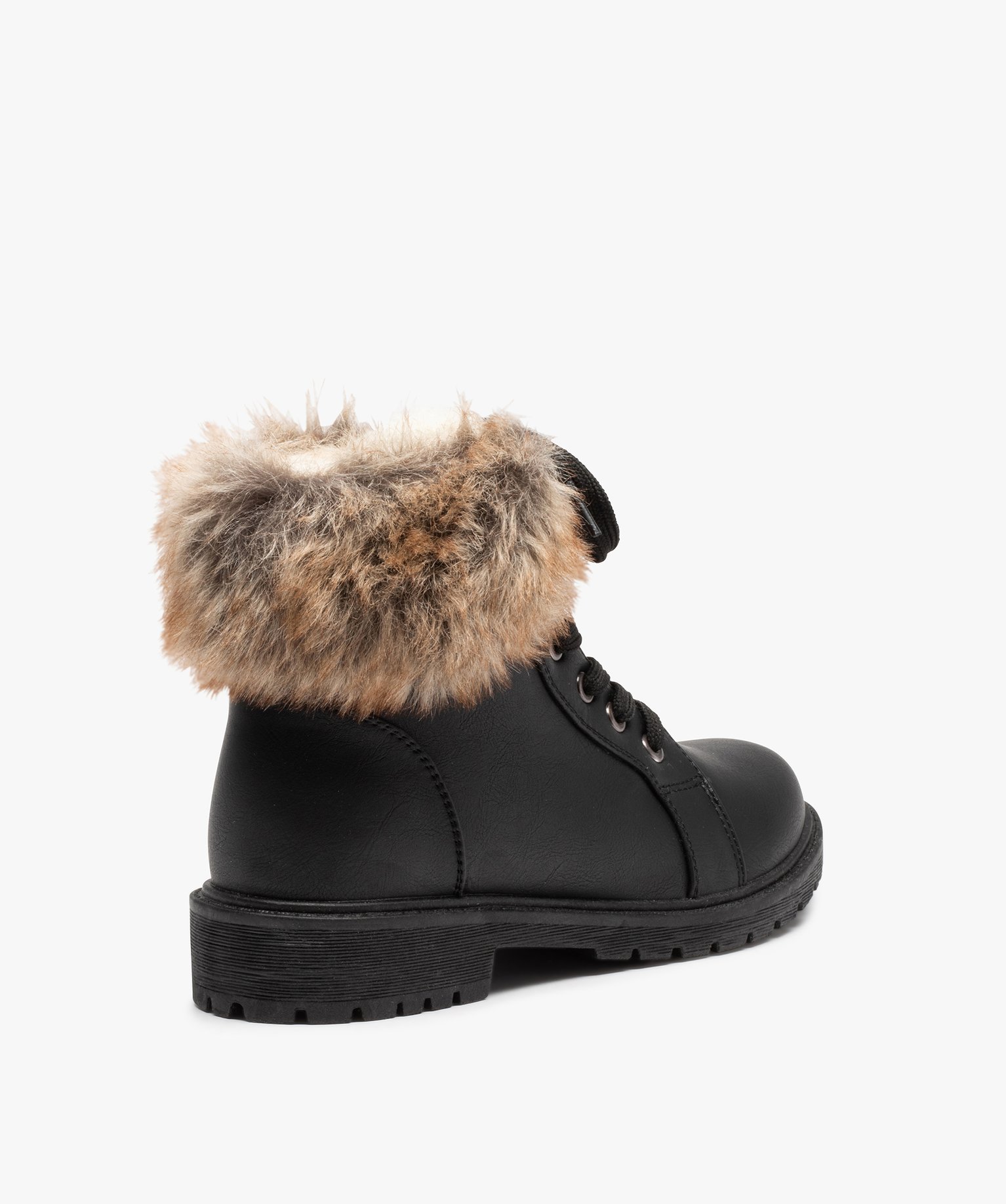 Boots fourrées femme col peluche et fermeture lacets noir | GEMO
