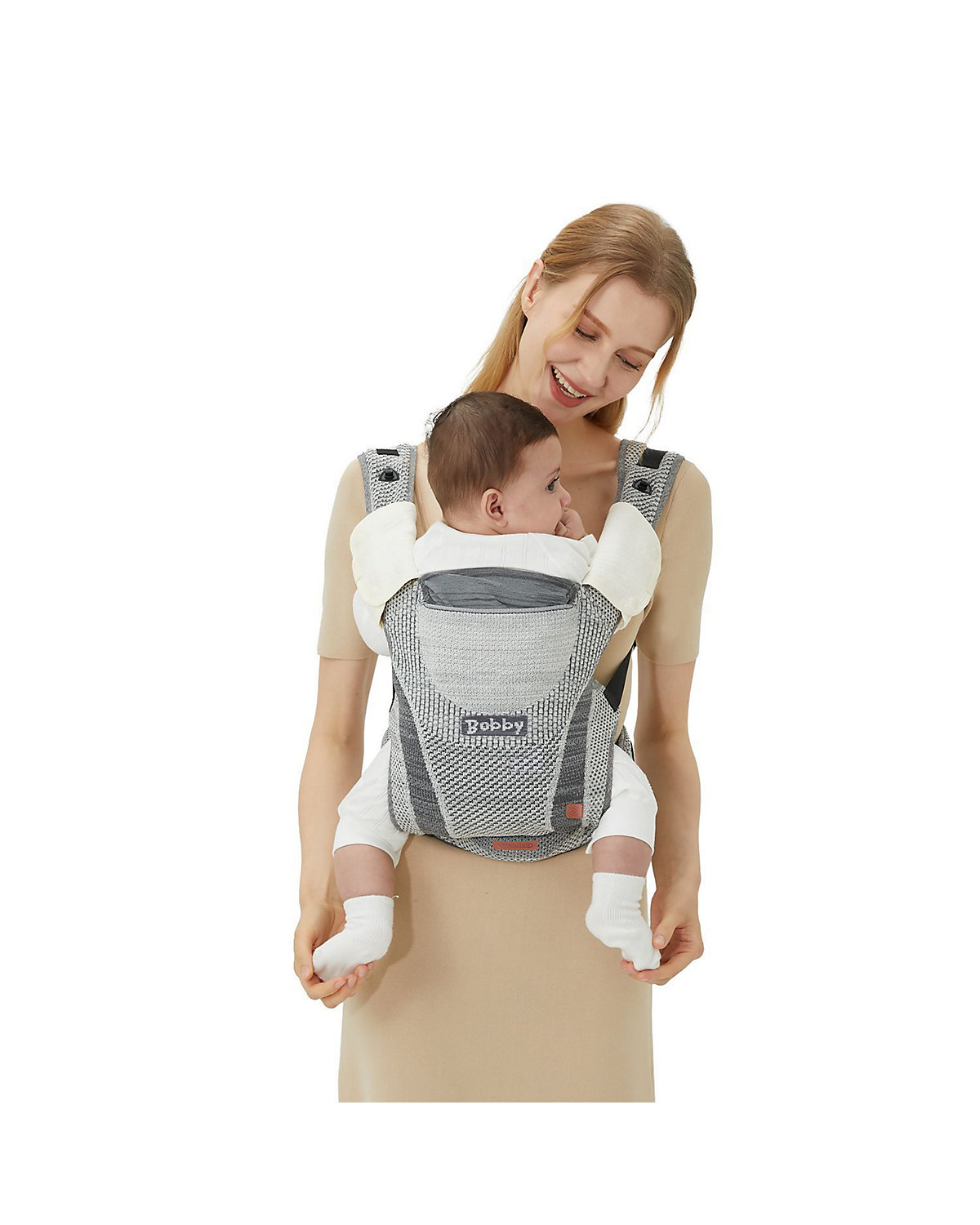 Babytrage Bobby Fly Strickstoff 3 in 1, Bauch- Rückentrage, Hüftsitz Babytragen