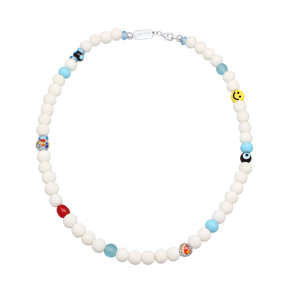 KUZZOI KUZZOI Collier Hommes emoji perles de verre multicolores en argent sterling 925 collier