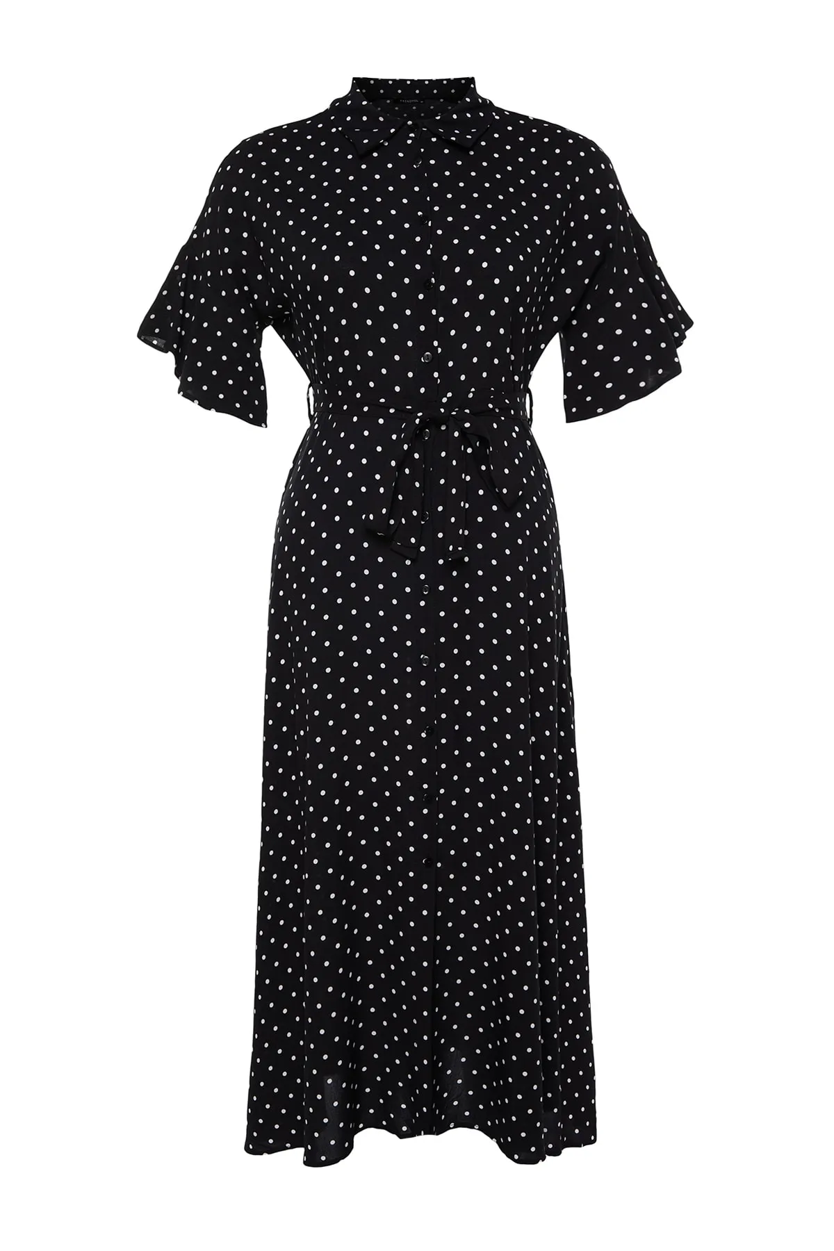 Trendyol Curve  Schwarzes gewebtes Kleid mit Polka Dot-Gürtel TBBSS22EL1596