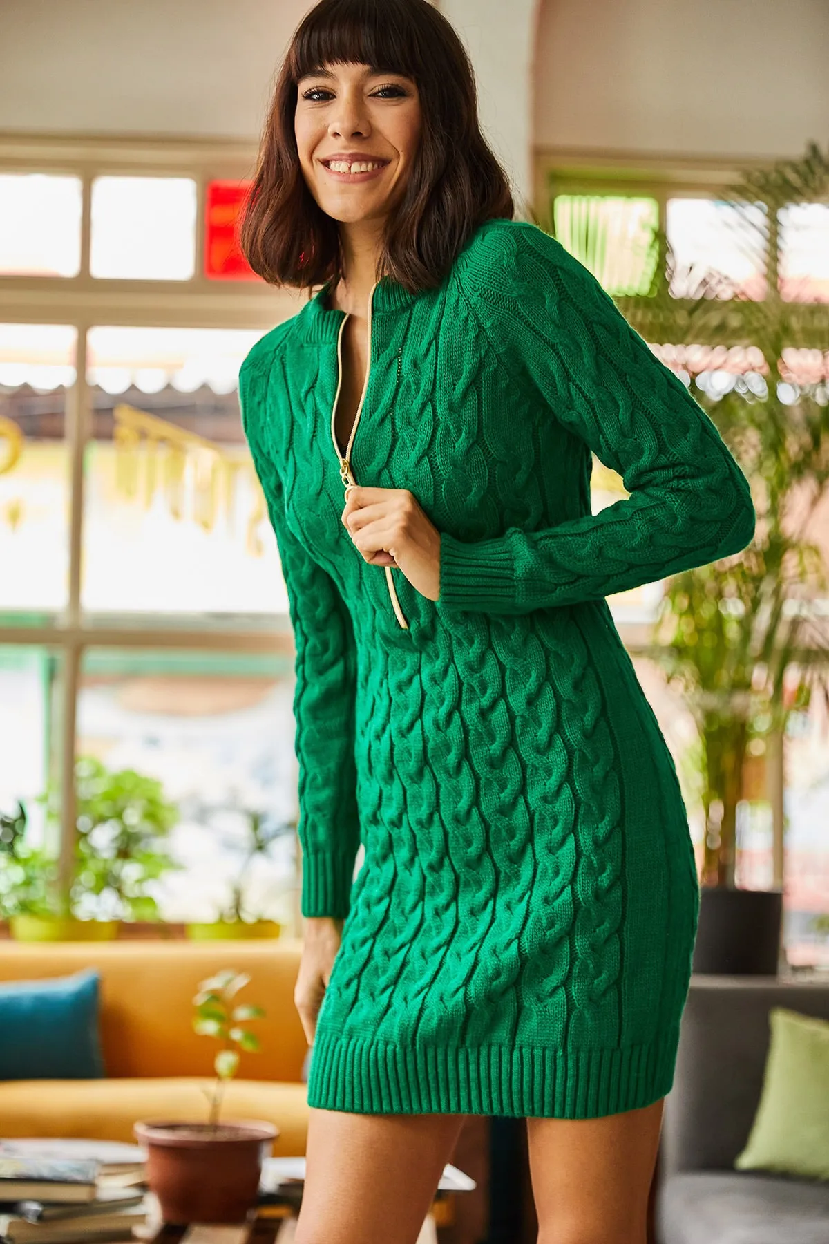 Olalook  Grünes geflochtenes Strickkleid mit Reißverschluss für Damen ELB-19001362
