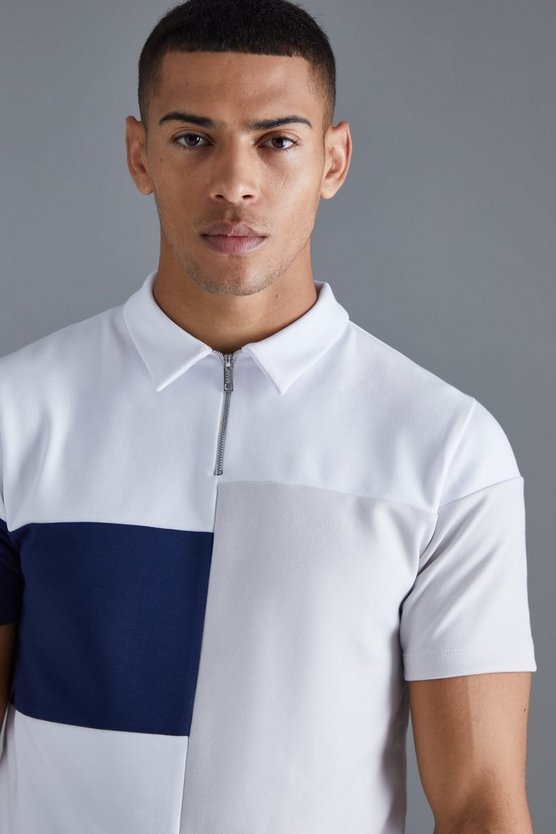 Kurzärmliges Slim-Fit Colorblock Poloshirt mit 1/4 Reißverschluss