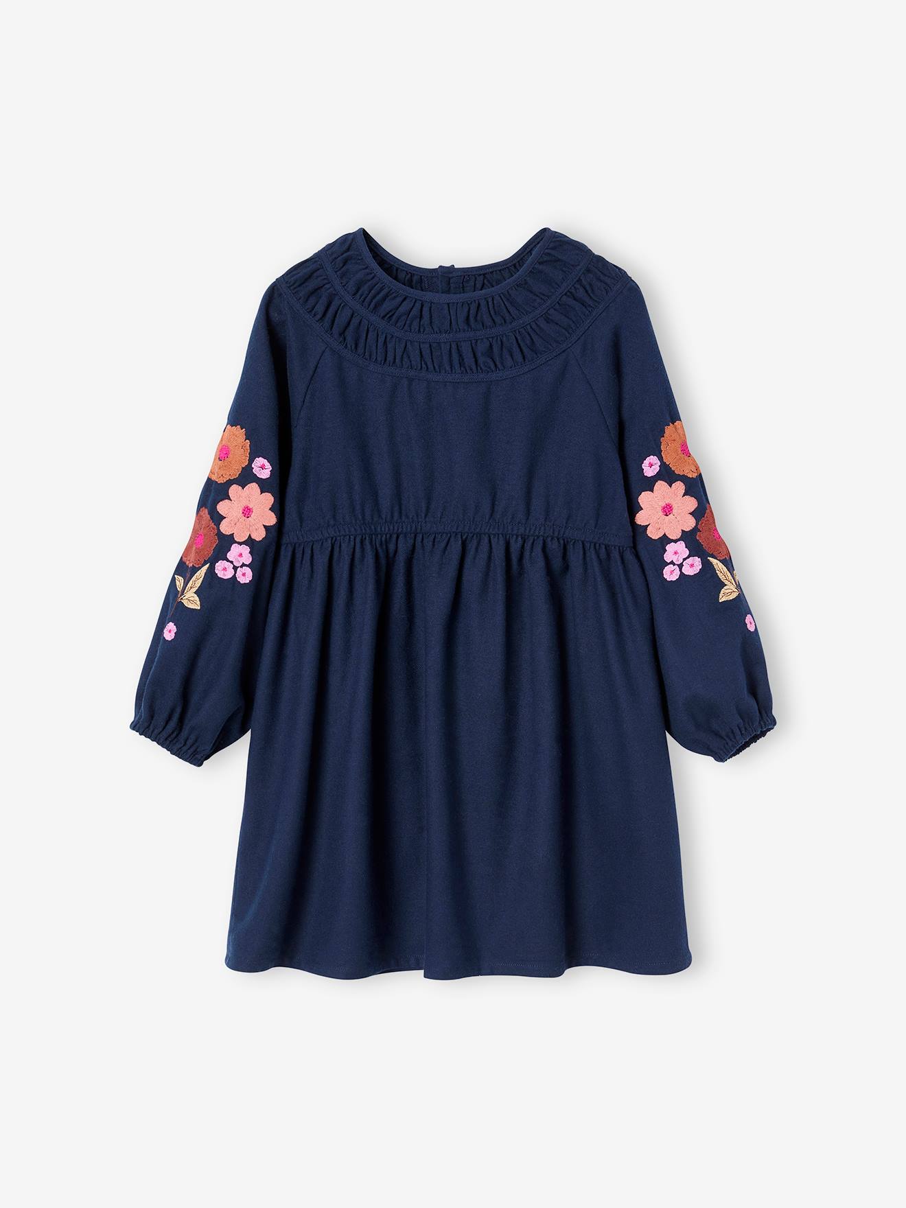 Vertbaudet Mädchen Kleid, bestickte Ärmel - nachtblau
