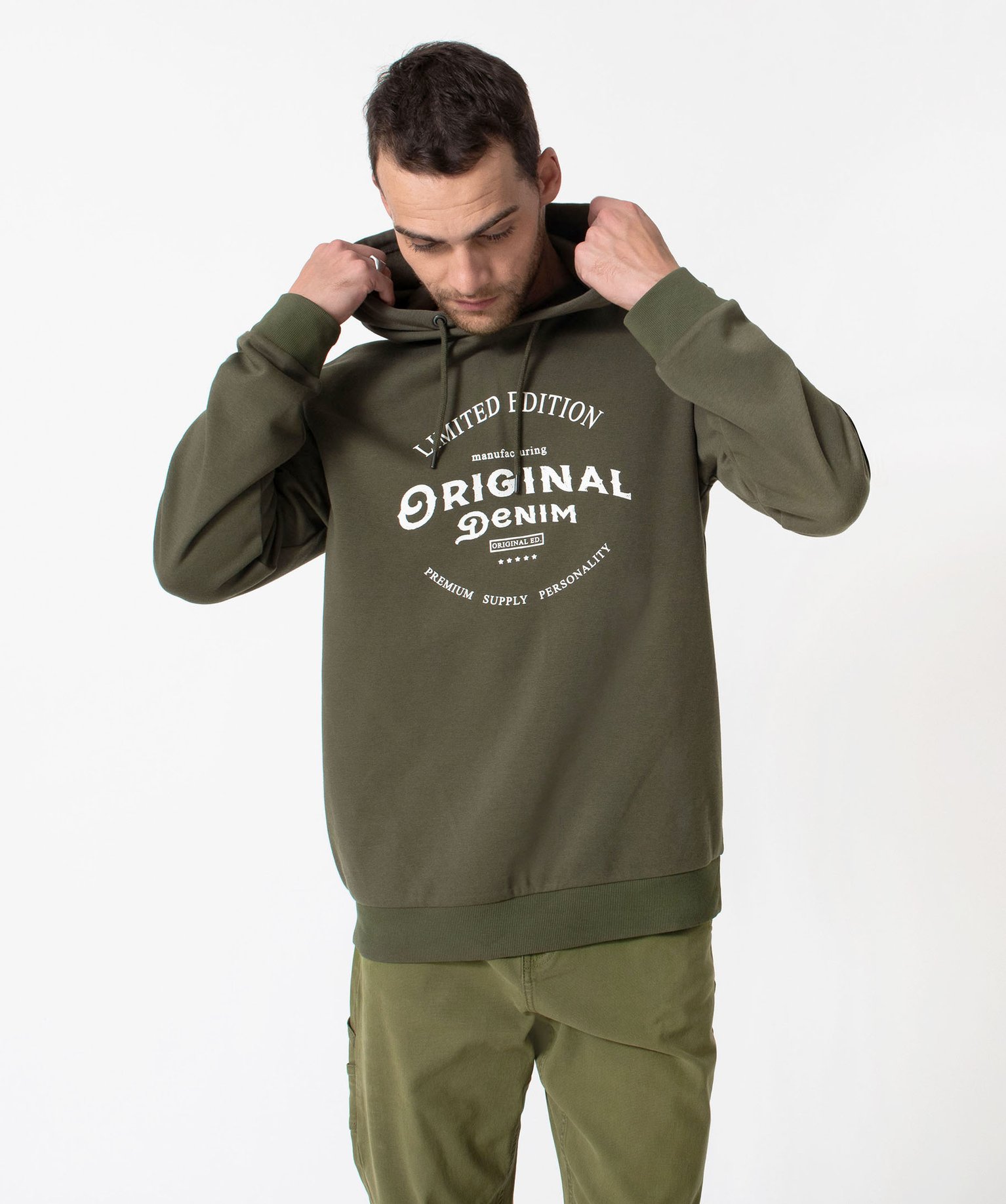 Sweat à capuche en molleton imprimé homme kaki | GEMO