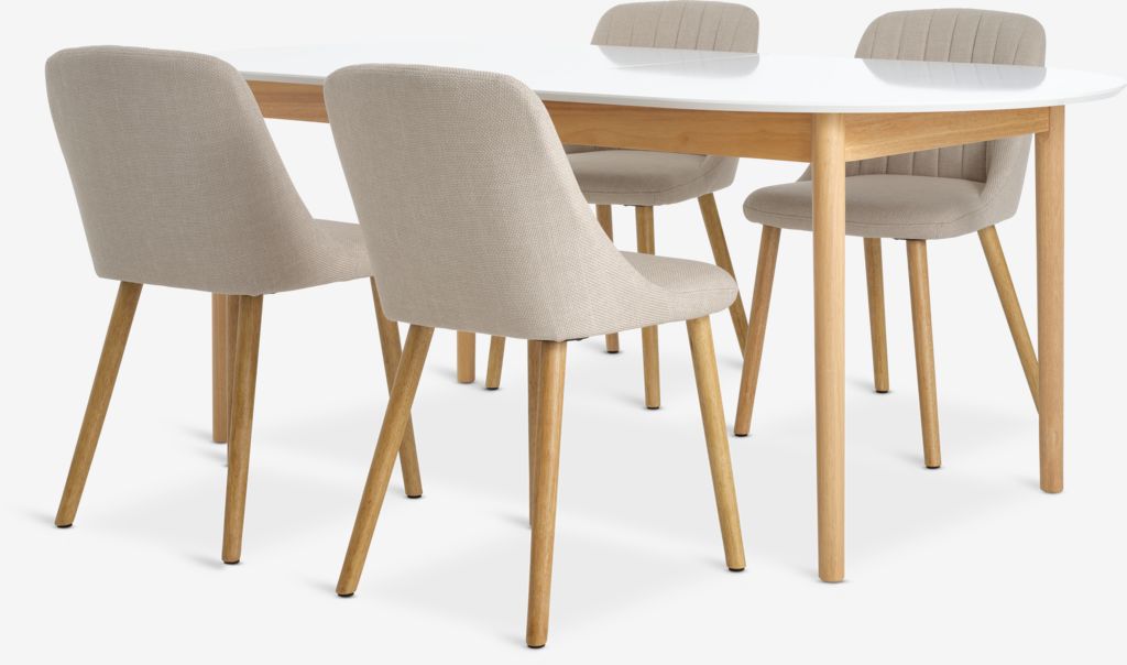 MARSTRAND ADSLEV MARSTRAND L200/280 bord hvitt 4 ADSLEV stoler med armlener beige