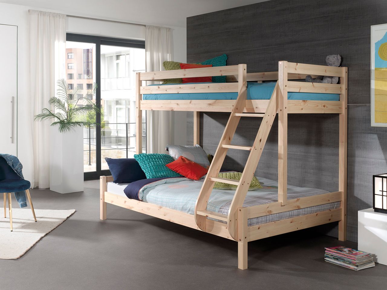 VIPACK Familienbett Martin 90 x 200 und 140 x 200 cm, mit Leiter in Kiefer massiv natur