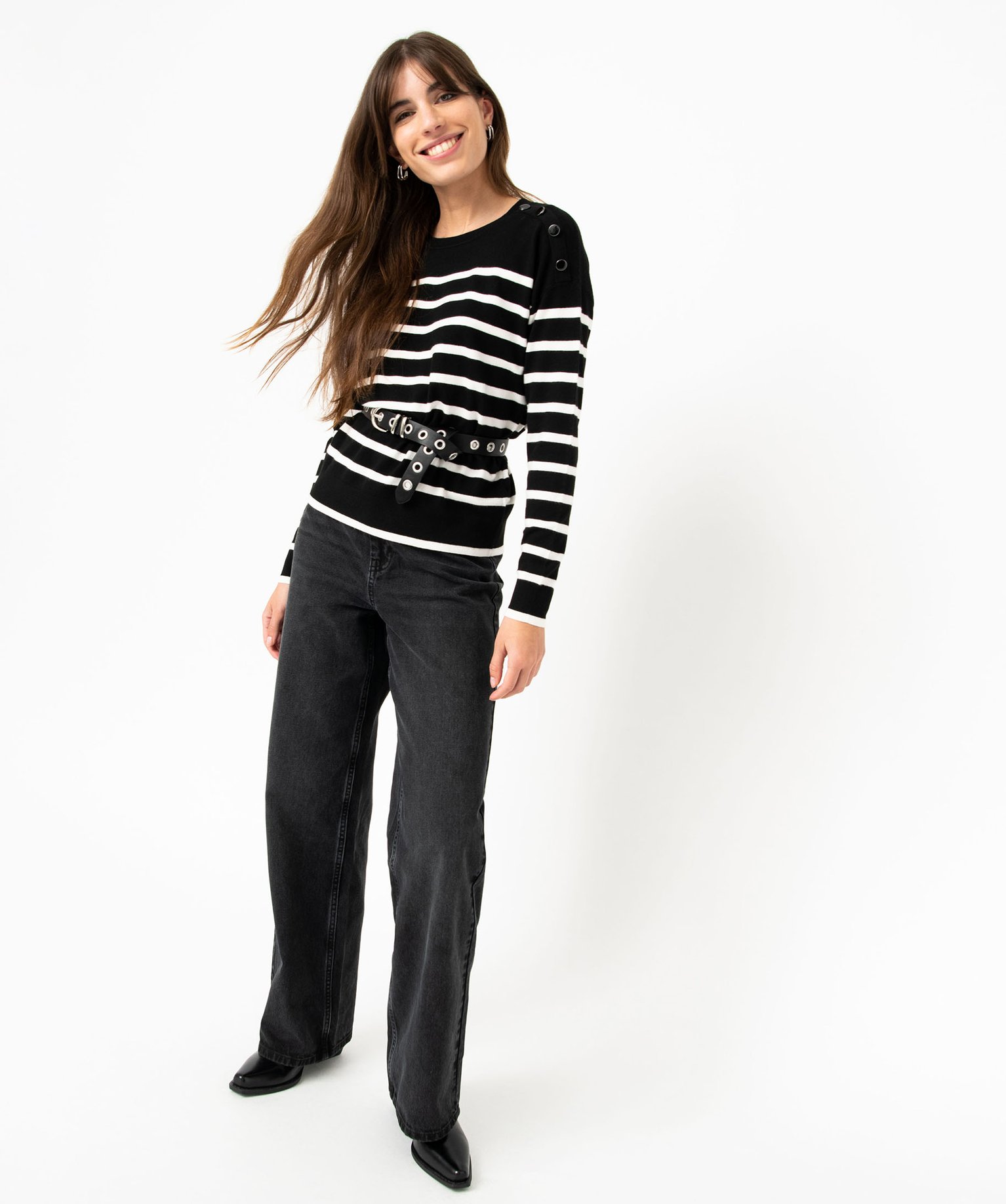 Ceinture femme avec oeillets métalliques et boucle brillante noir | GEMO