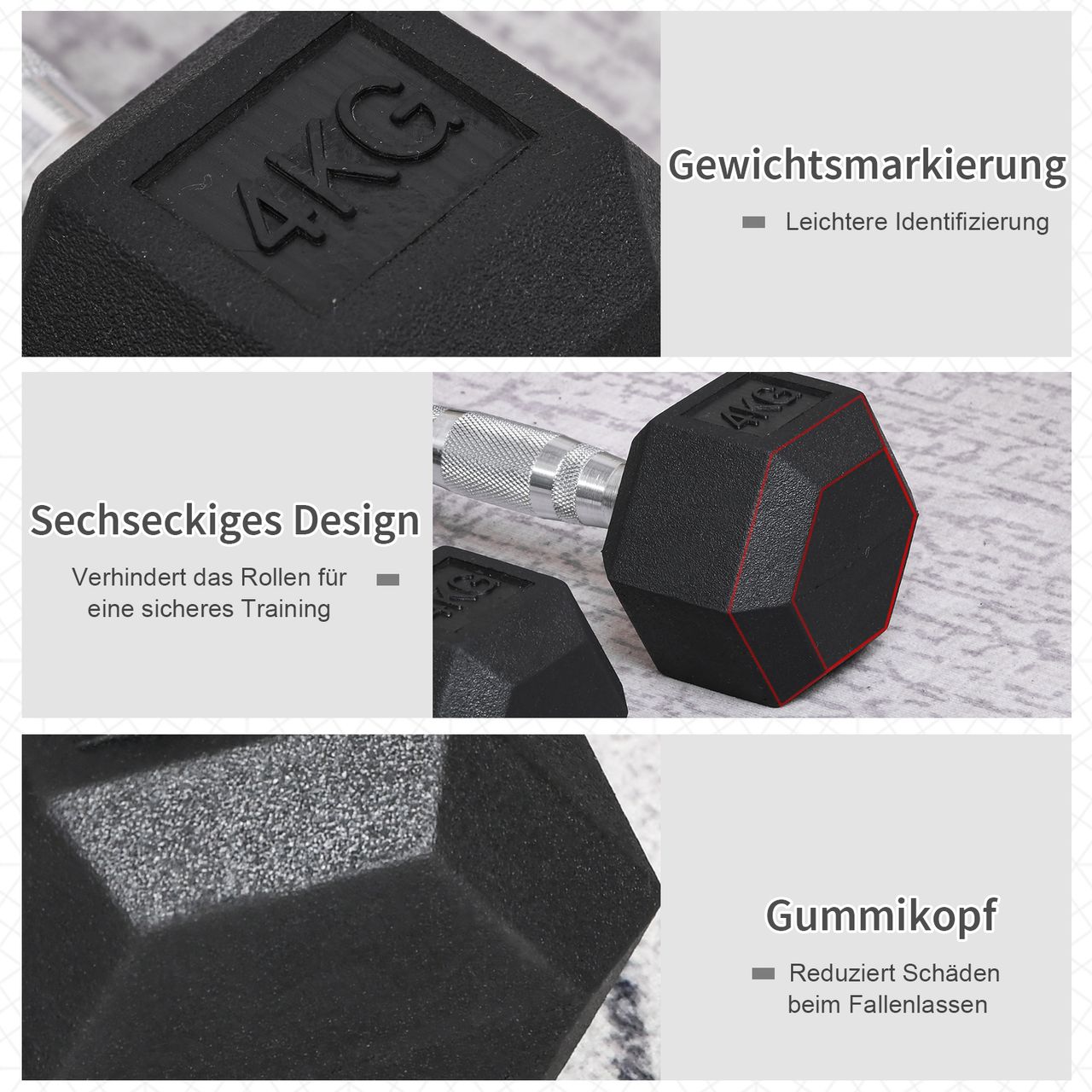 HOMCOM 2er-Set Gummi-Hantel 4 KG Fitness Hantel Kurzhantel für Trainingsraum Büro sechseckige Form Metall Gummi Schwarz
