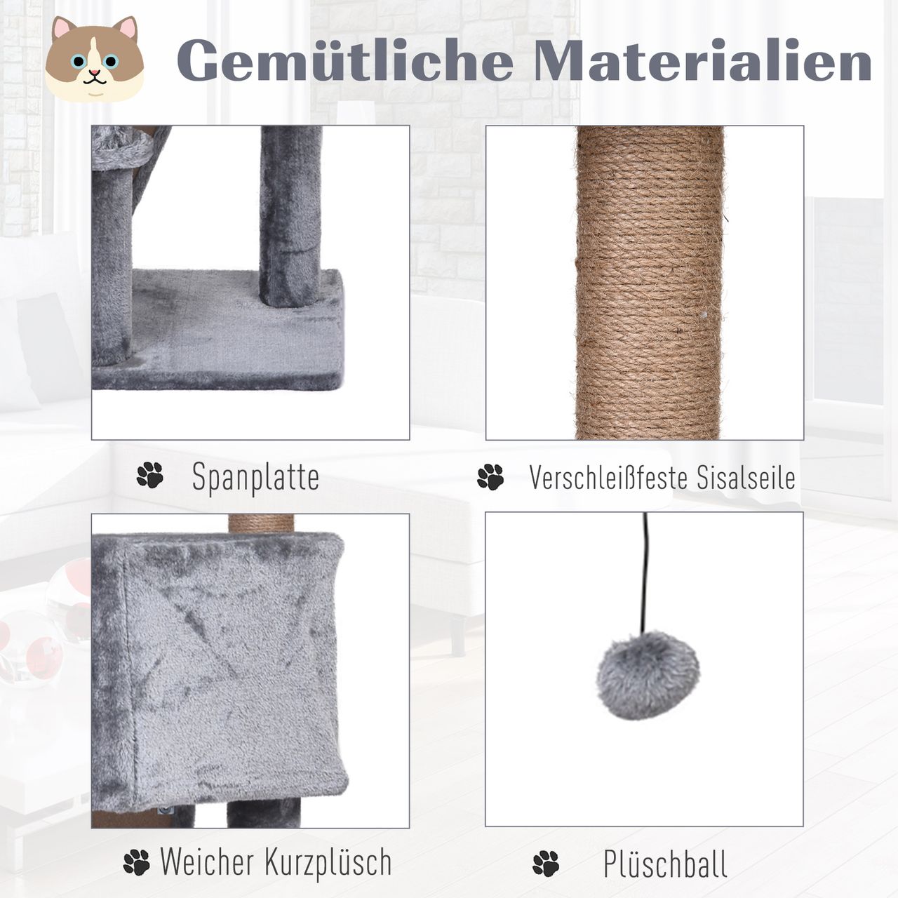 PawHut Katzenbaum mit Hängebett, 4-Stock Kratzbaum, Katzenhaus mit Spielbällen, mit Sisalsäule und Kratzbrett, Plüsch Grau 40 x 40 x 124 cm