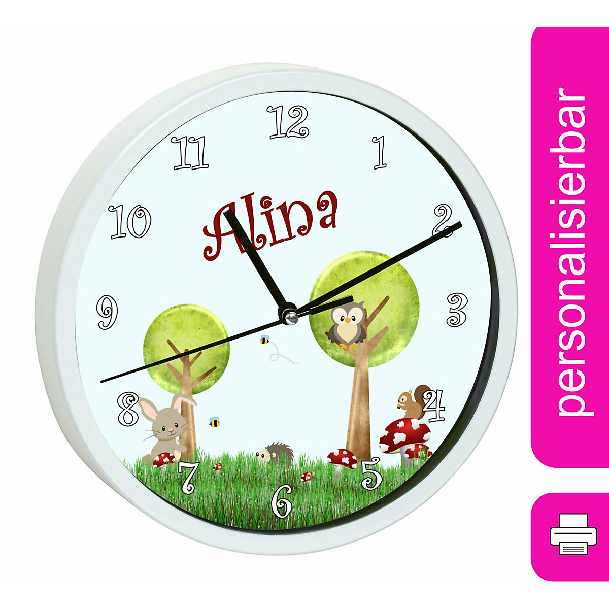Kinder Wanduhr laufruhig personalisiert mit Name Waldwiese