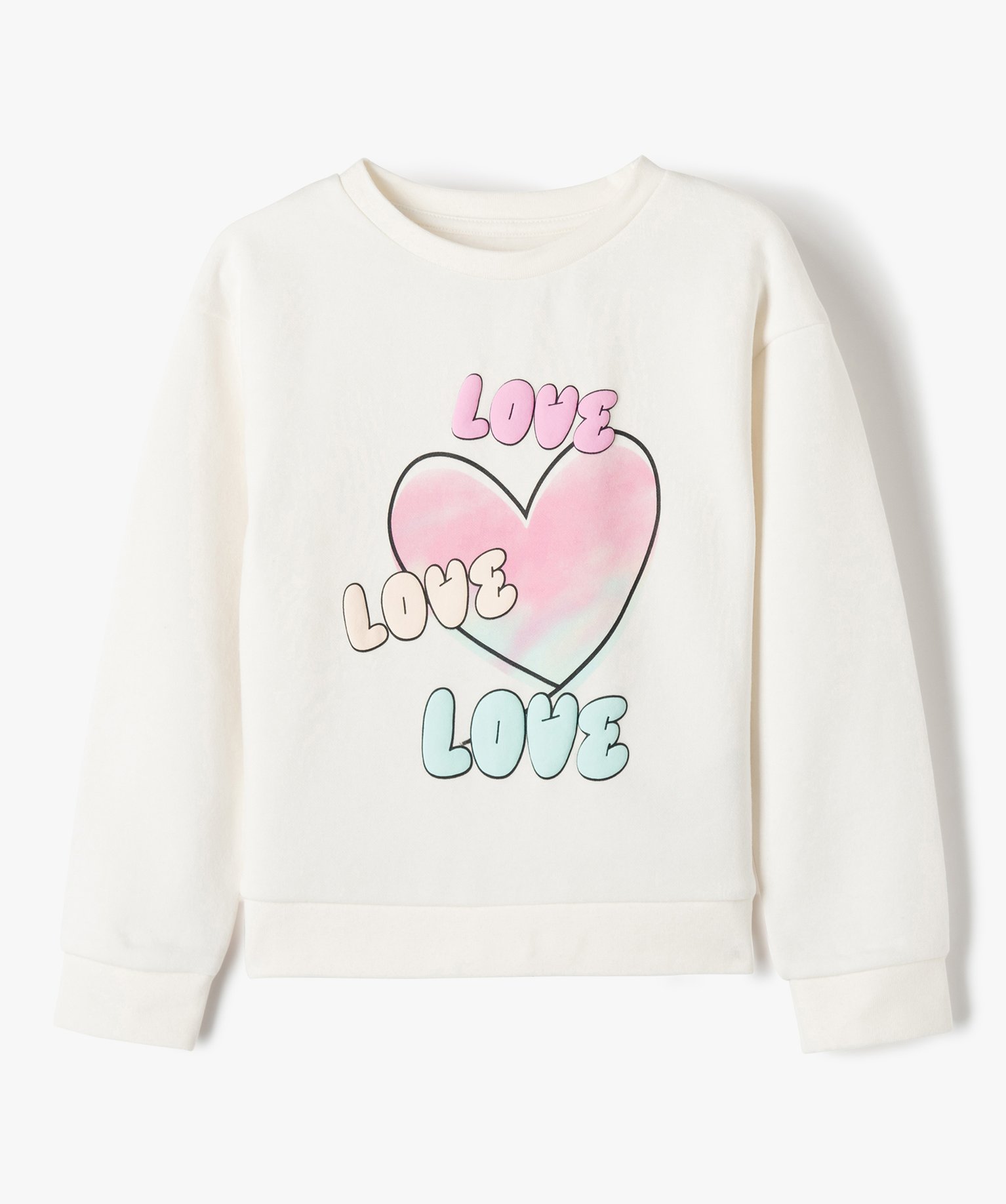 Sweat à col rond à motifs coeurs fille ecru | GEMO