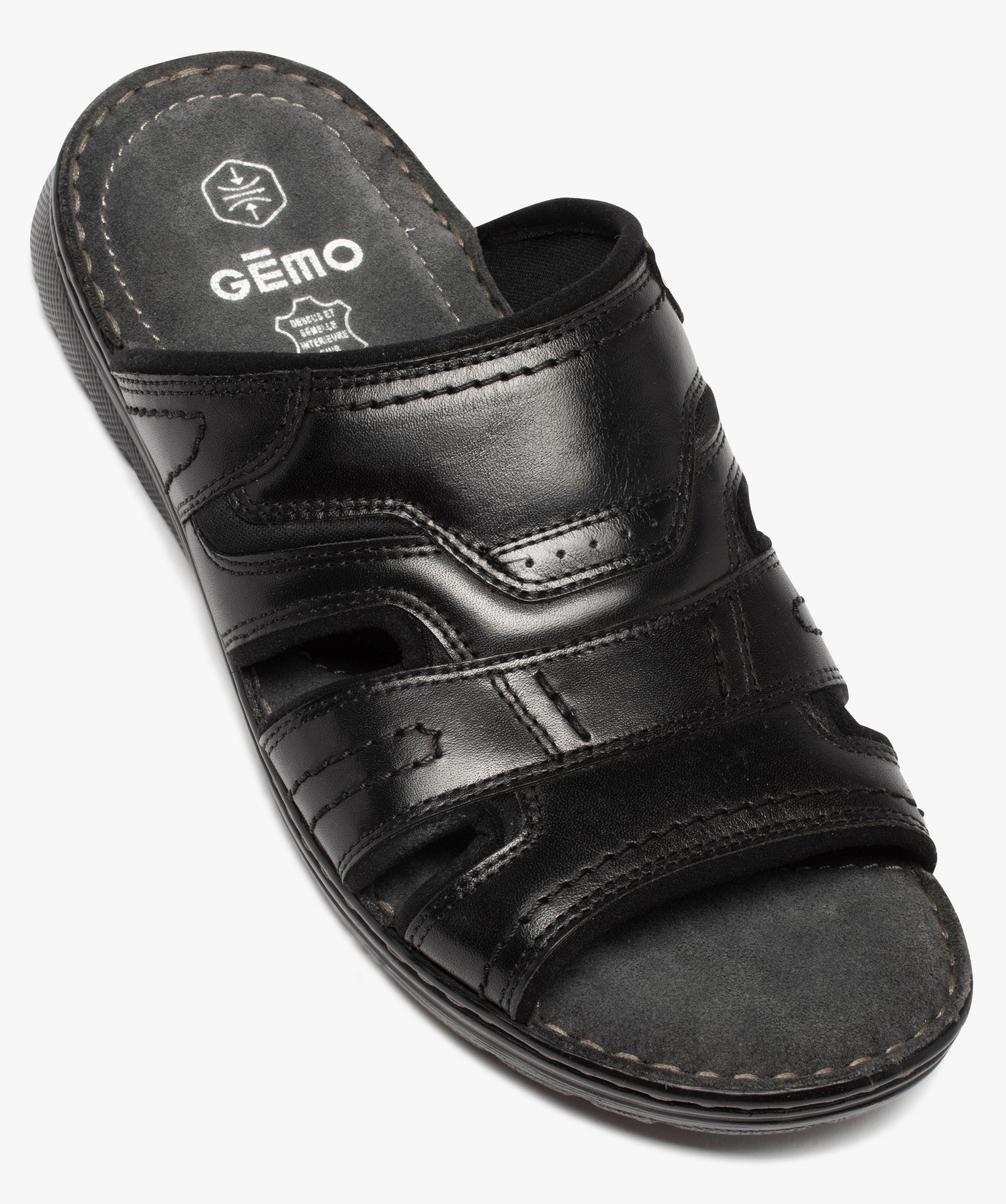 Sandales homme mules confort dessus cuir uni noir | GEMO