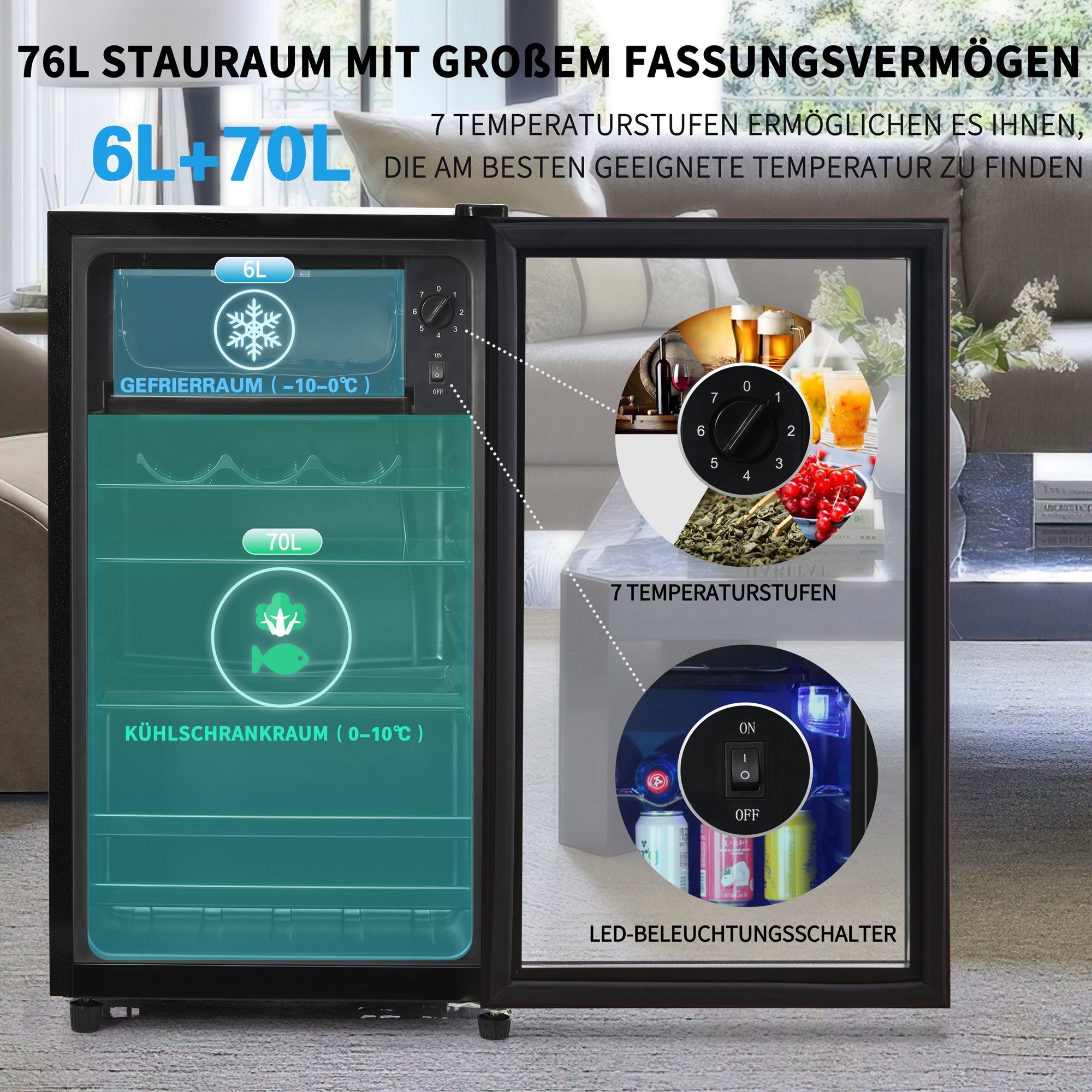 Ulife Getränkekühlschrank SC-76A, 71.6 cm hoch, 40 cm breit, höhenverstellbare Füße, Gefrierfach 6L, Kühlfach 70L, Energieklasse F