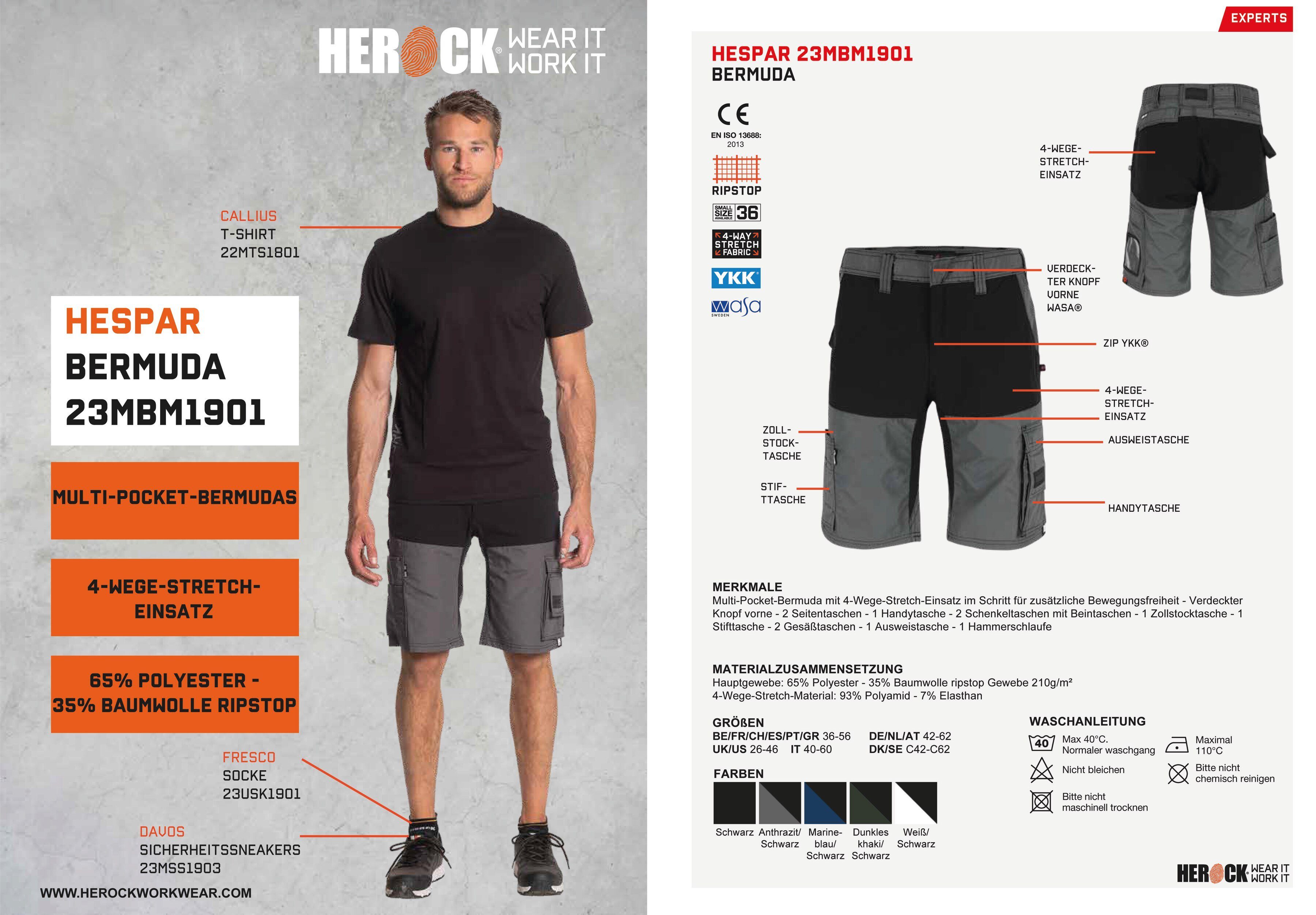 Herock Arbeitshose HESPAR BERMUDAS Komfortabel, 4-Wege-Stretch, Multi-Pocket (1) mit Hammerschlaufe