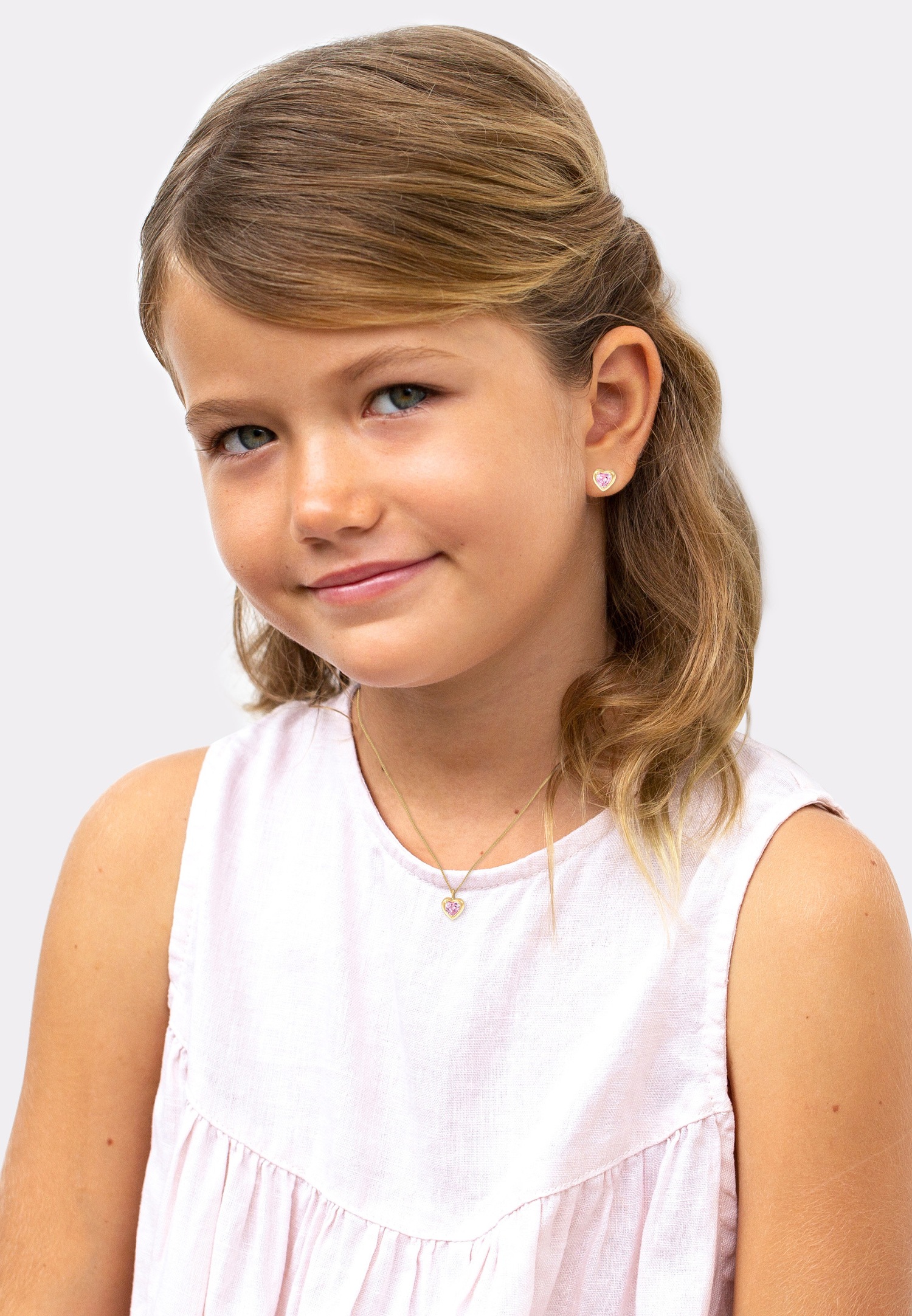 Conjunto de pendientes de botón con colgante de corazón para niños de Elli con circonita rosa en plata de ley 925