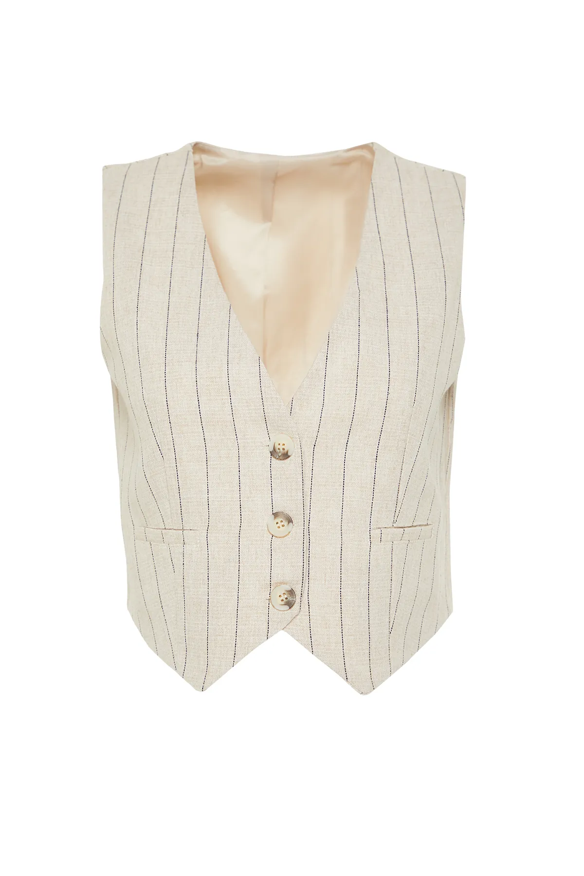 Trendyol Collection  Beige gestreifte Weste aus Baumwollleinengewebe TWOSS24YE00025