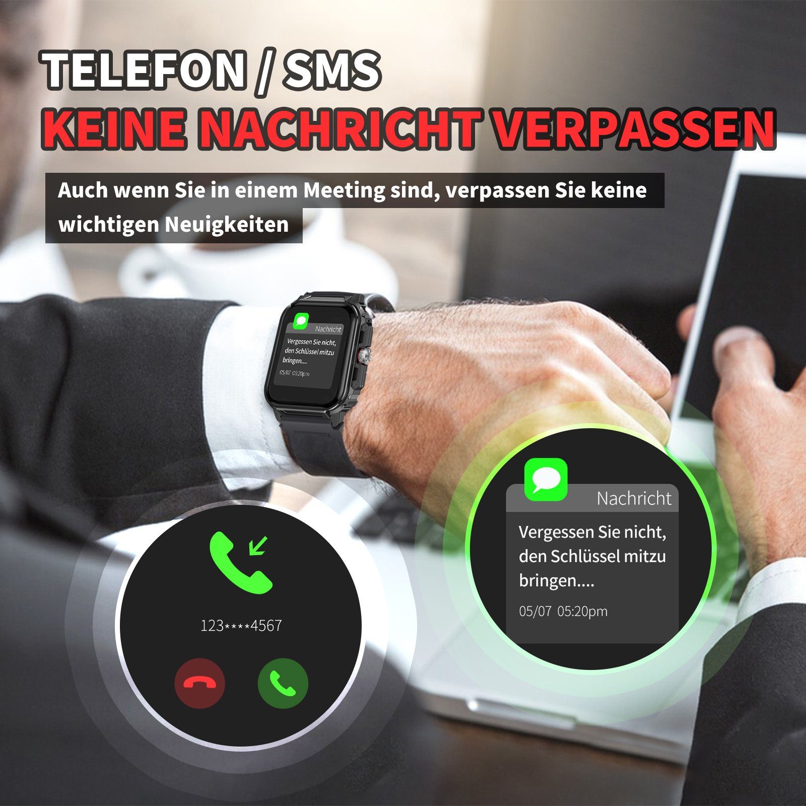 BUMHUM Smartwatch für Outdoor-Sport, Bluetooth-Anrufe, wasserdicht, Smartwatch (1.83 Zoll) Gesundheitsüberwachung, dreifacher Schutz, Fitnessuhr mit Telefonfunktion, IP68 Wasserdicht, 1.85