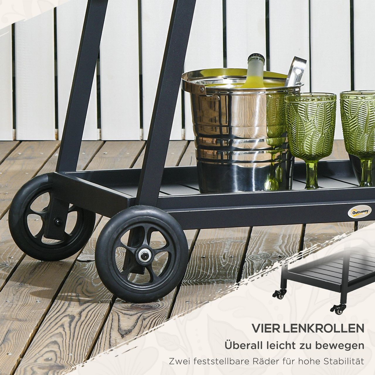 Outsunny Rattan Servierwagen Trolley mit Ablage Gartenrollwagen mit Griff Bremen