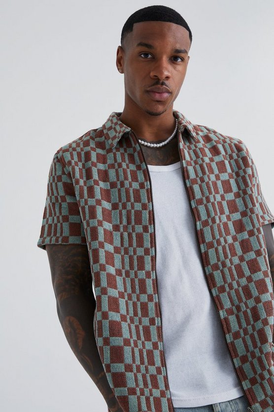 Kurzärmliges kariertes Space Dye Overshirt mit Reißverschluss